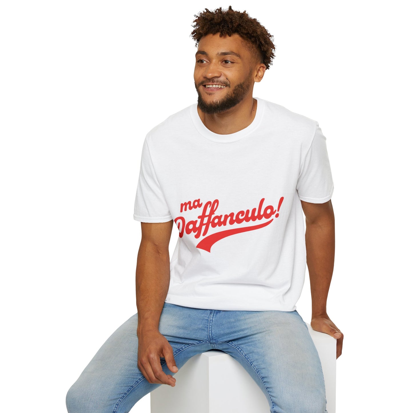 Man wearing the white Ma Vaffanculo Italian graphic t-shirt.