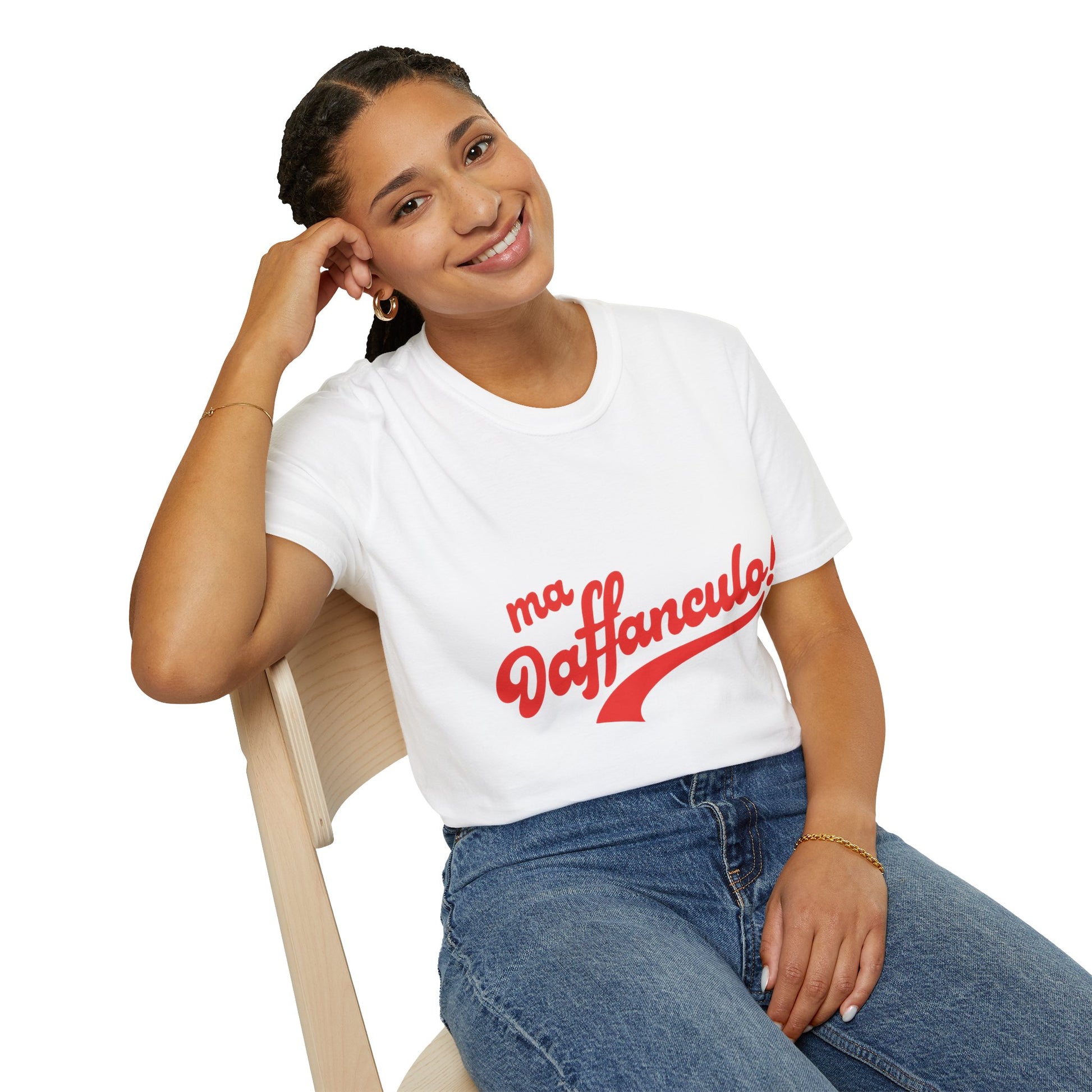Woman wearing the white Ma Vaffanculo Italian graphic t-shirt smiling.