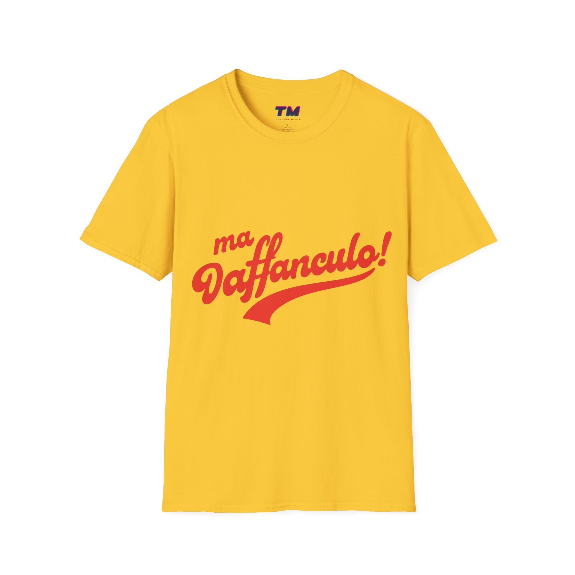 Front view of the yellow Ma Vaffanculo Italian graphic t-shirt.