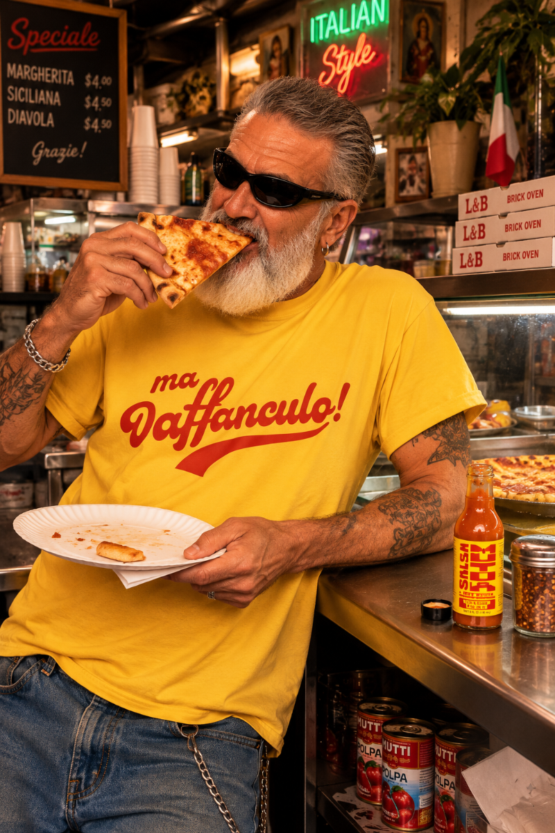 Man wearing the yellow Ma Vaffanculo graphic t-shirt eating pizza in an Italian pizzeria.
