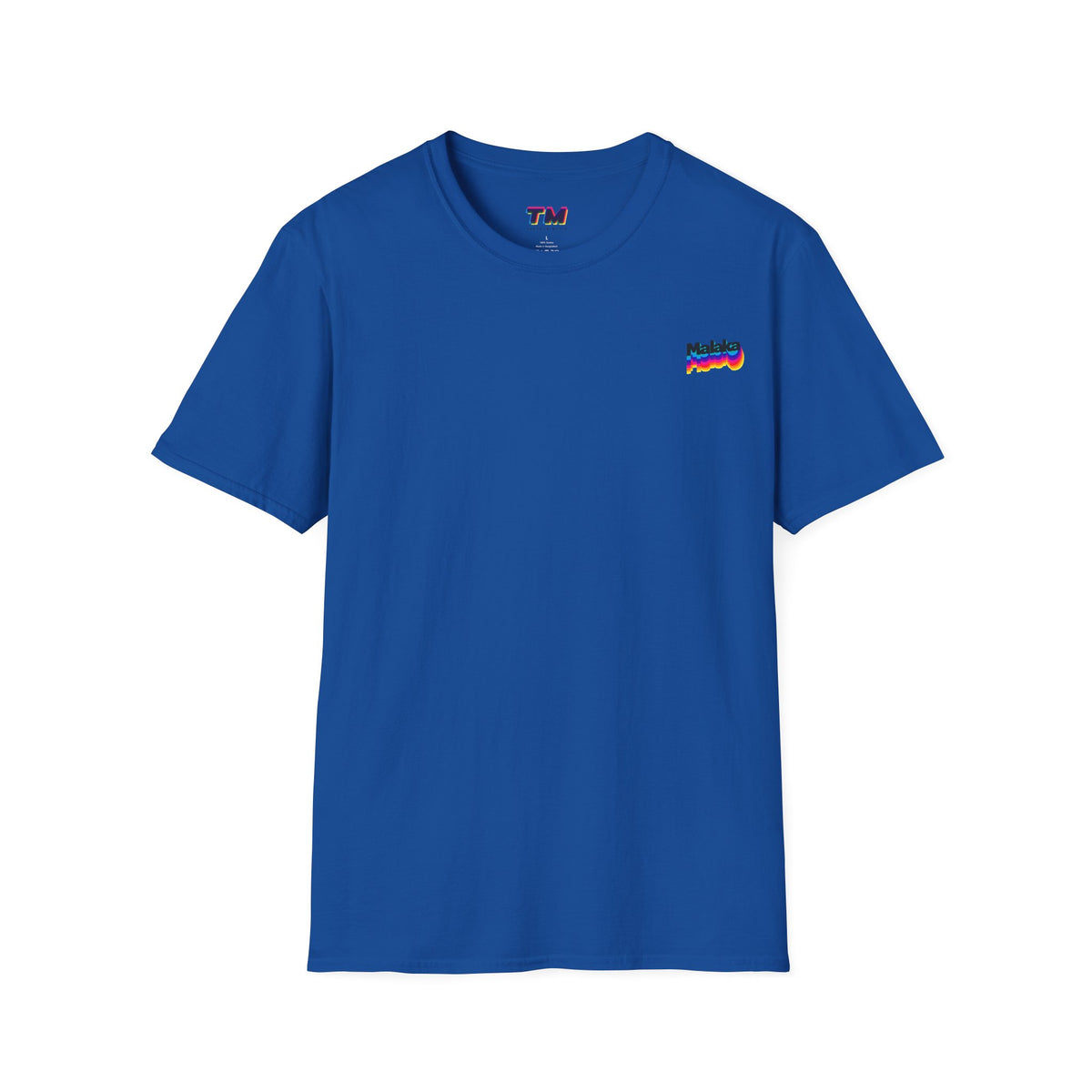 Blue Malaka Greek slang unisex T-shirt with small colorful left chest graphic, front view