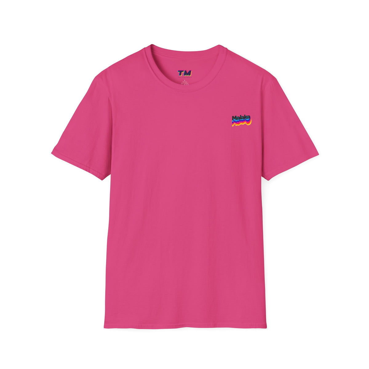 Pink Malaka Greek slang unisex T-shirt with small colorful left chest graphic, front view