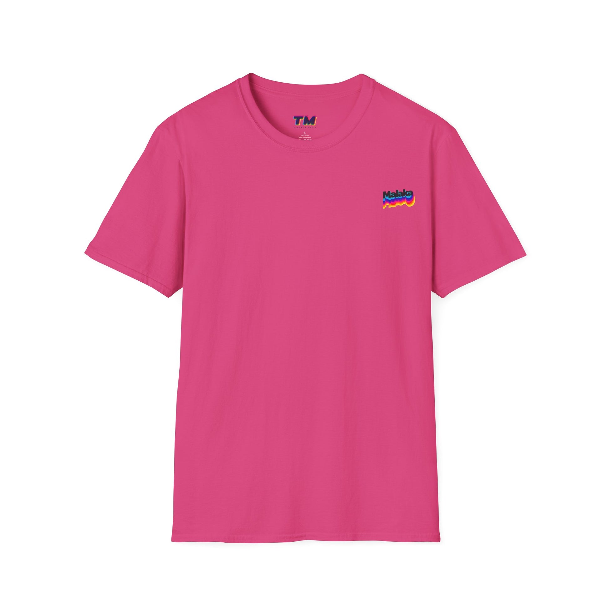 Pink Malaka Greek slang unisex T-shirt with small colorful left chest graphic, front view