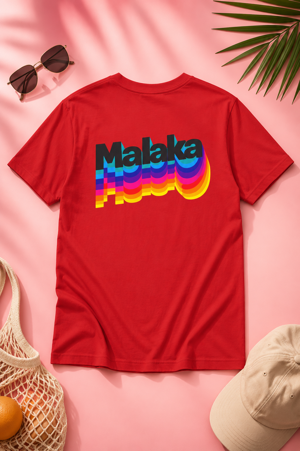 Red Malaka Greek slang graphic T-shirt with colorful back print on a soft pink background