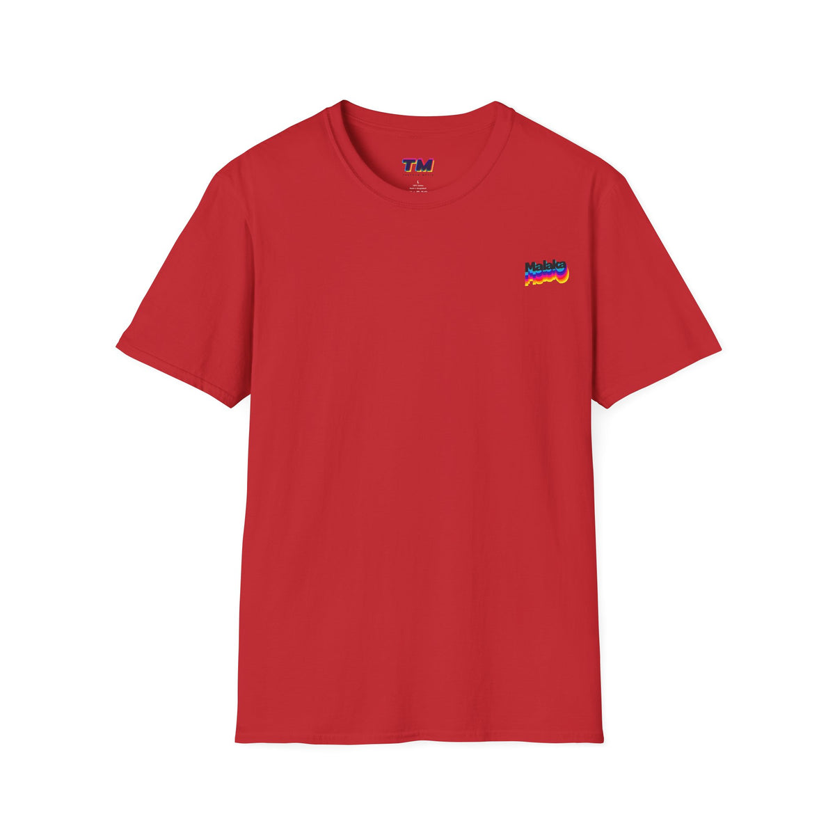 Red Malaka Greek slang unisex T-shirt with small colorful left chest graphic, front view