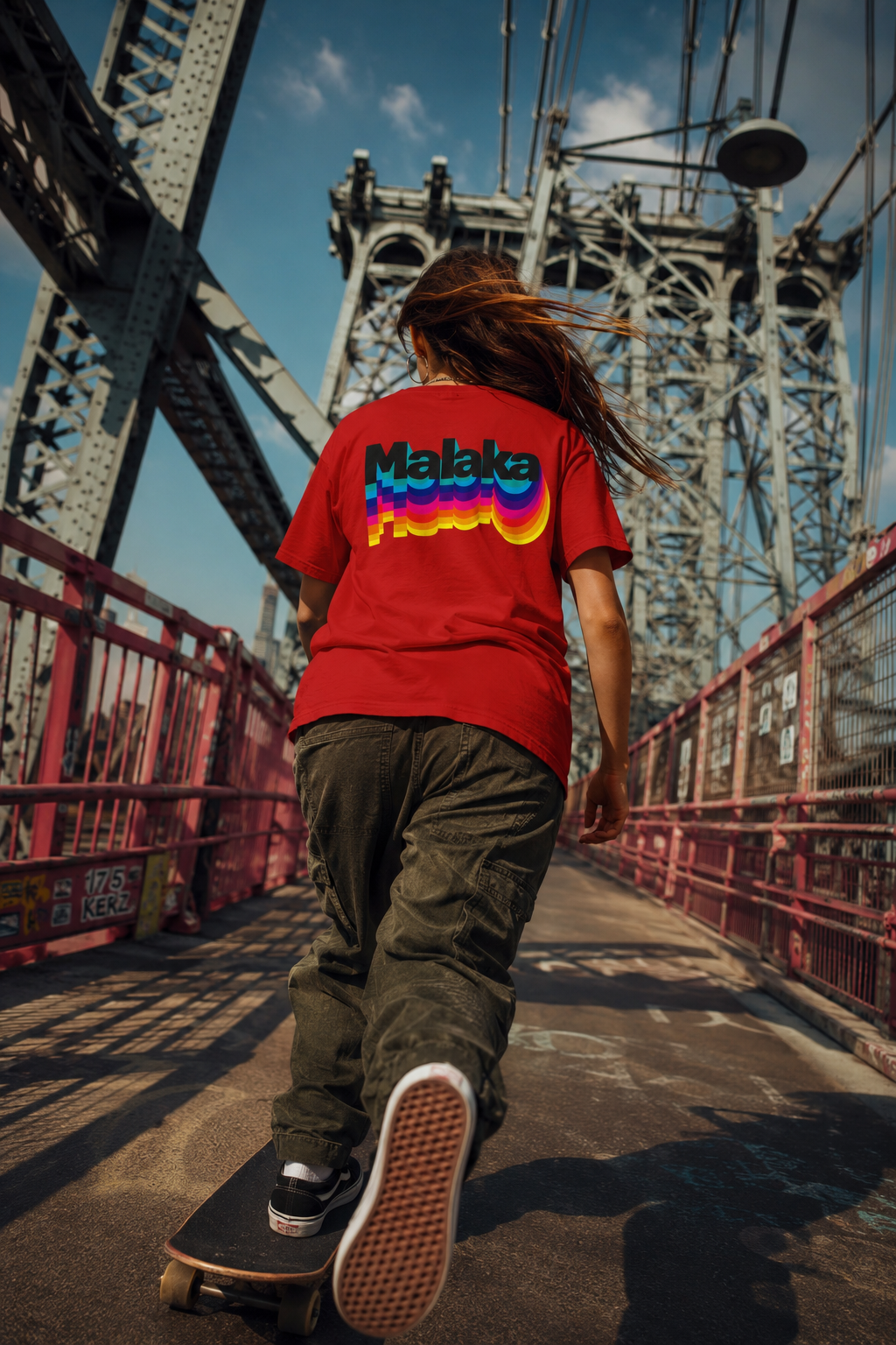 Woman skateboarding across the Williamsburg Bridge in a red Malaka Greek slang T-shirt, back view