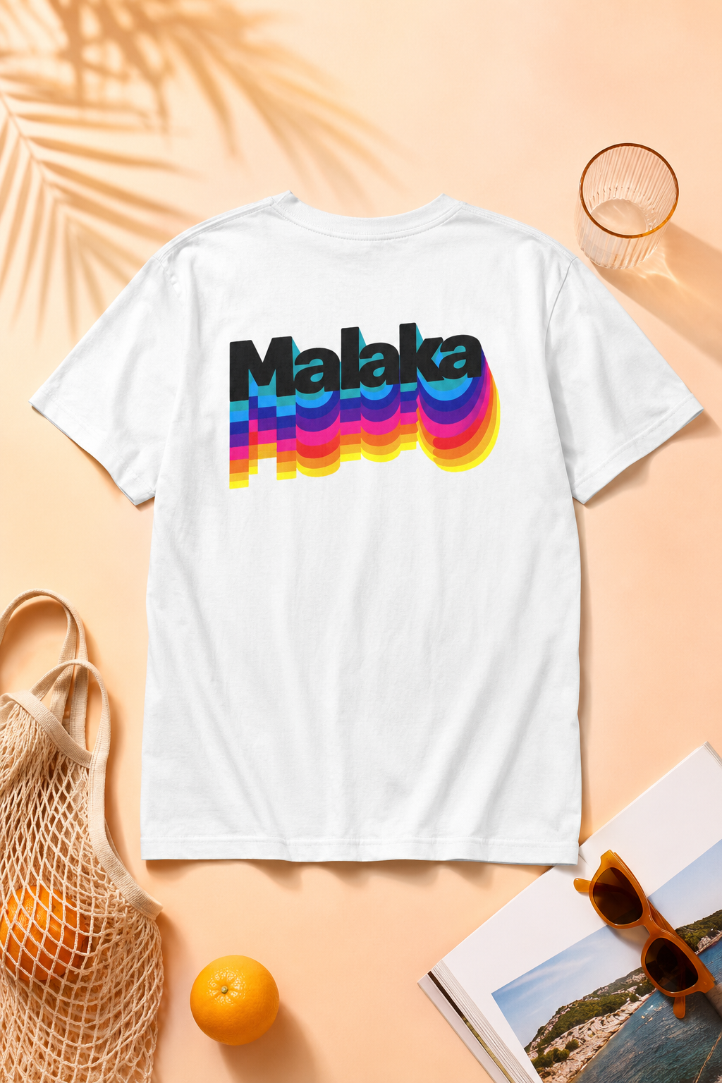 White Malaka Greek slang graphic T-shirt with colorful back print on a light peach background