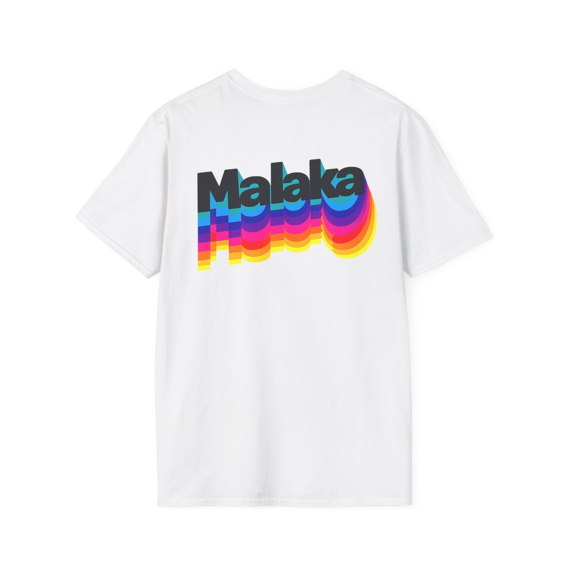White Malaka Greek slang graphic T-shirt with large colorful retro back print