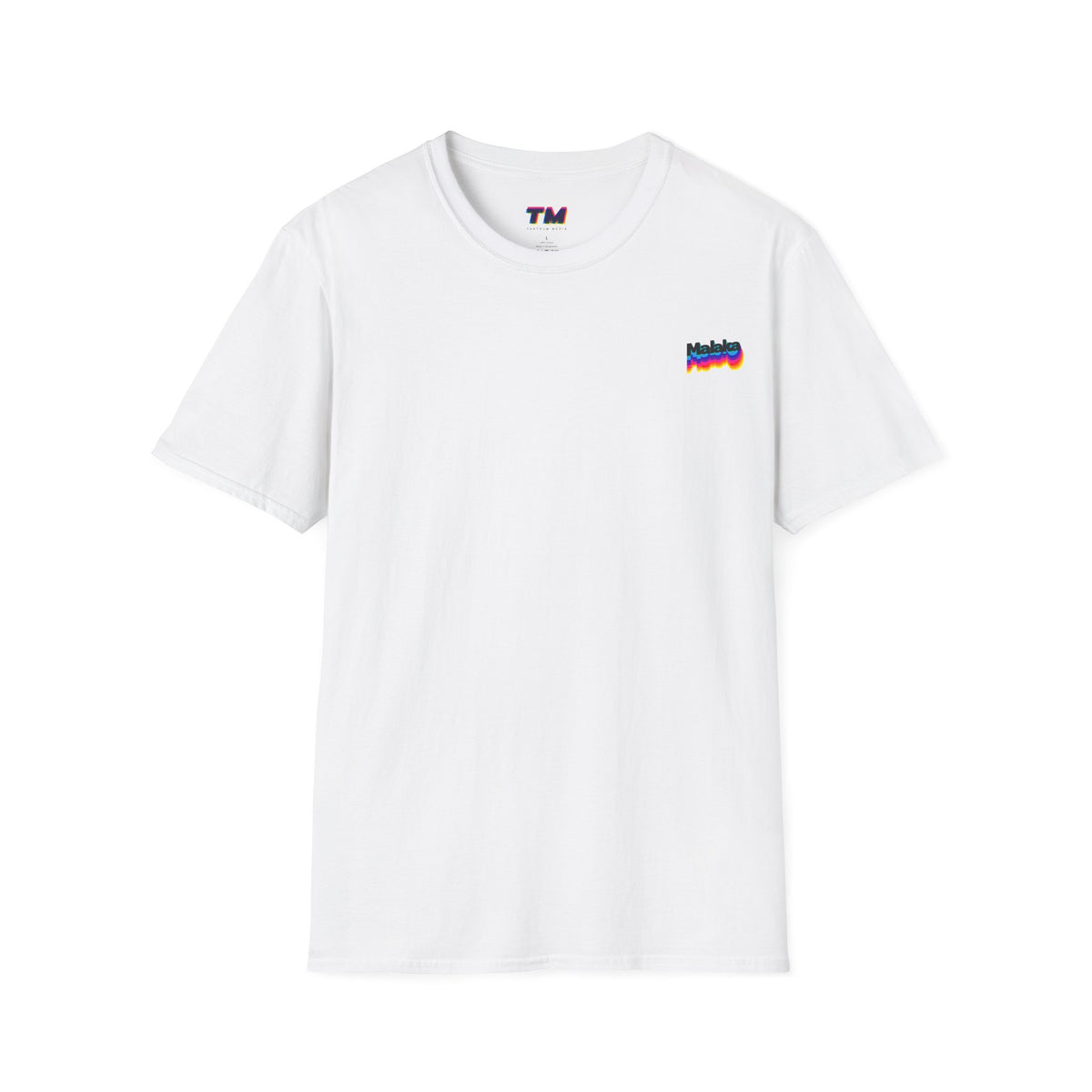 White Malaka Greek slang unisex T-shirt with small colorful left chest graphic, front view