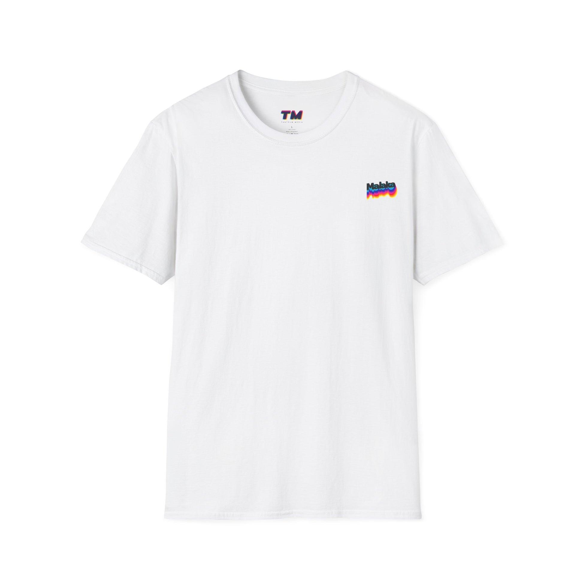 White Malaka Greek slang unisex T-shirt with small colorful left chest graphic, front view