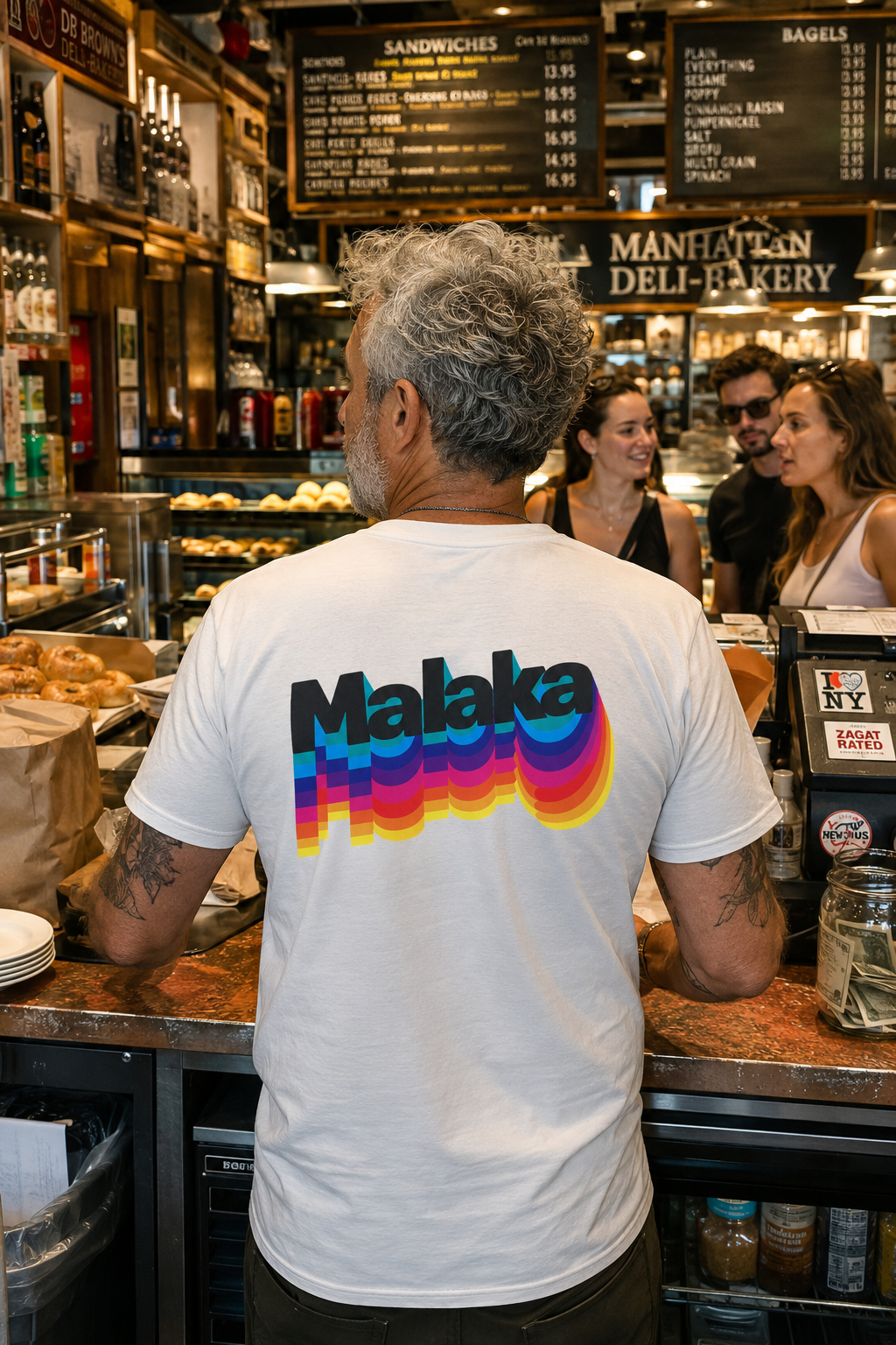 Man wearing a white Malaka Greek slang graphic T-shirt while working behind a Manhattan deli counter