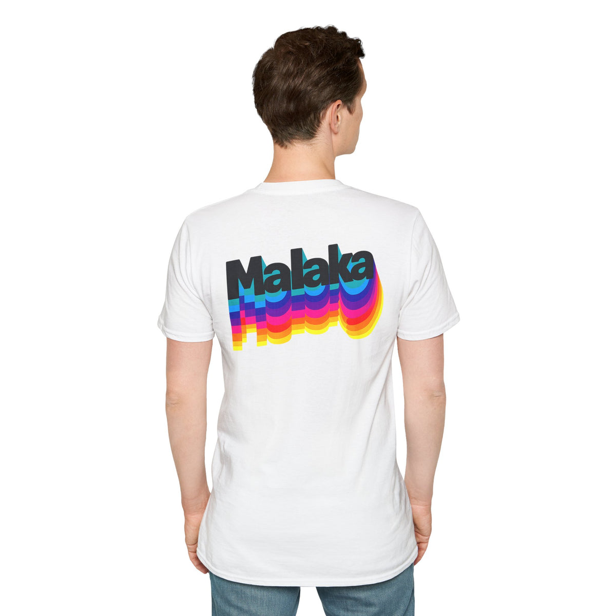 Man wearing a white Malaka Greek slang graphic T-shirt with bold retro back print
