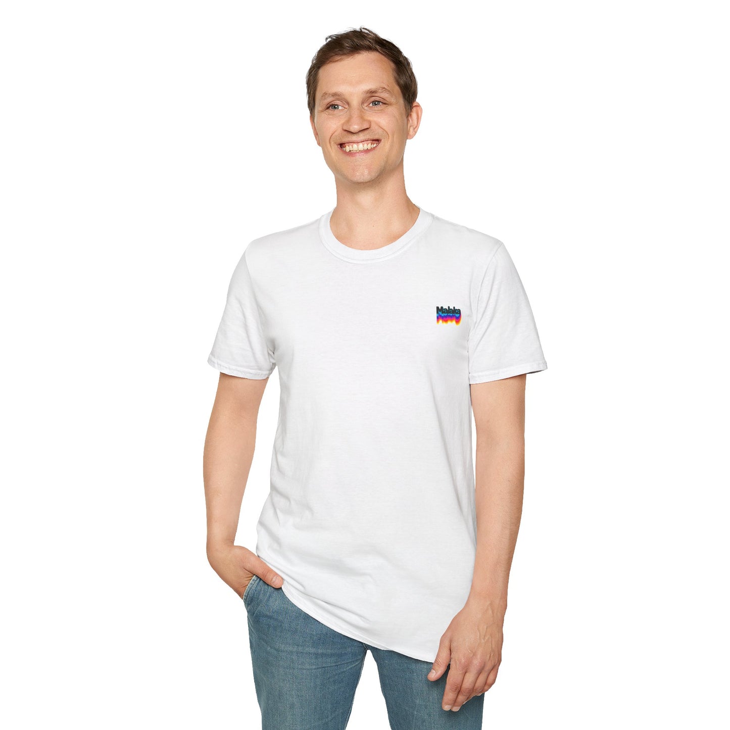 Man wearing a white Malaka Greek slang unisex T-shirt with small chest graphic, front view