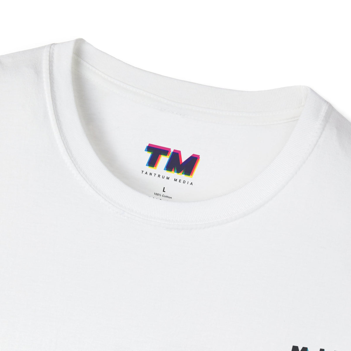 Close-up of the neckline and printed interior label on a white Malaka unisex graphic T-shirt