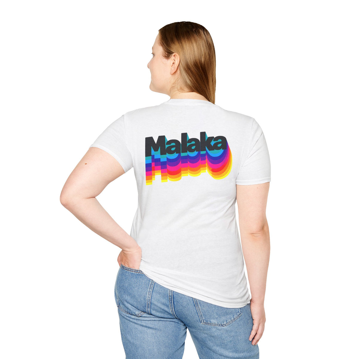 Woman wearing a white Malaka Greek slang T-shirt with large colorful back graphic