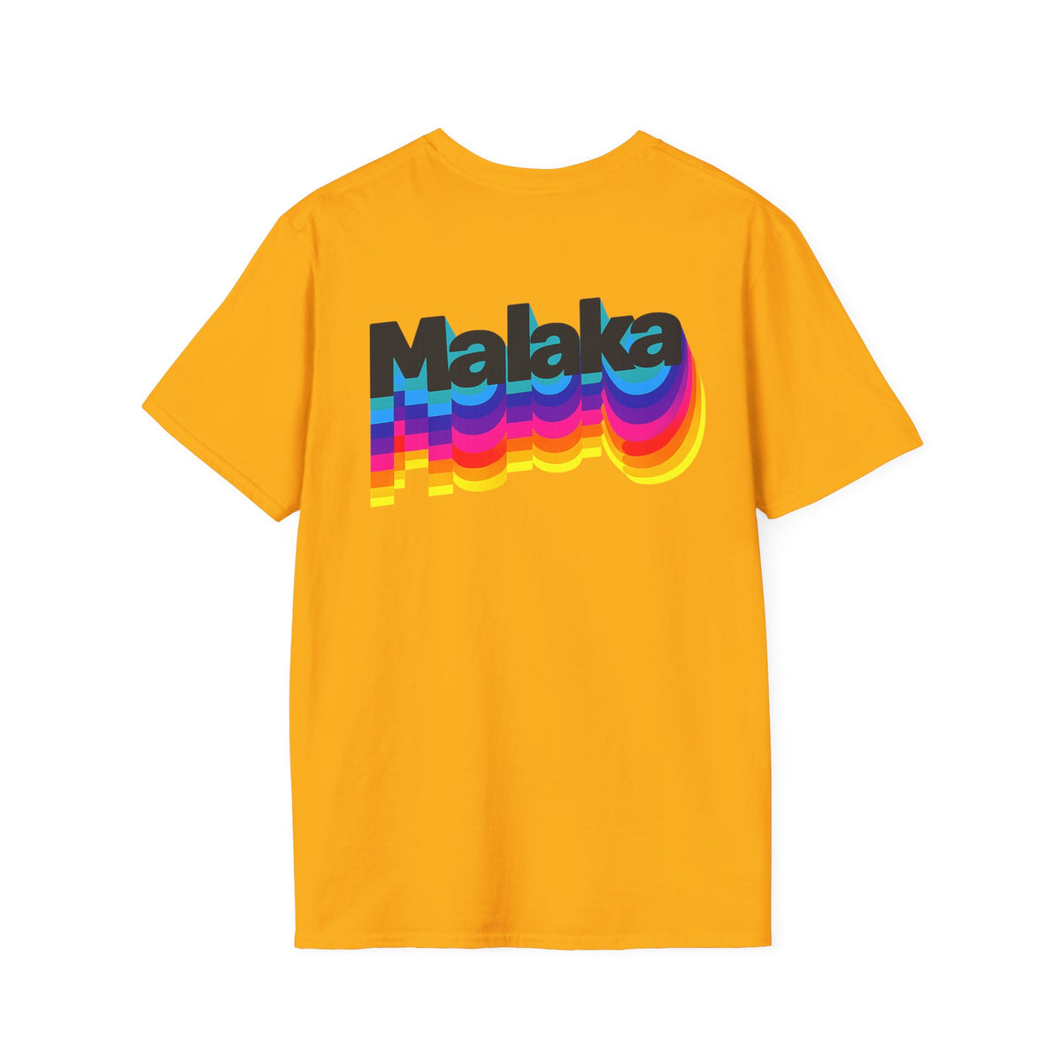 Yellow Malaka Greek slang graphic T-shirt with large colorful retro back print