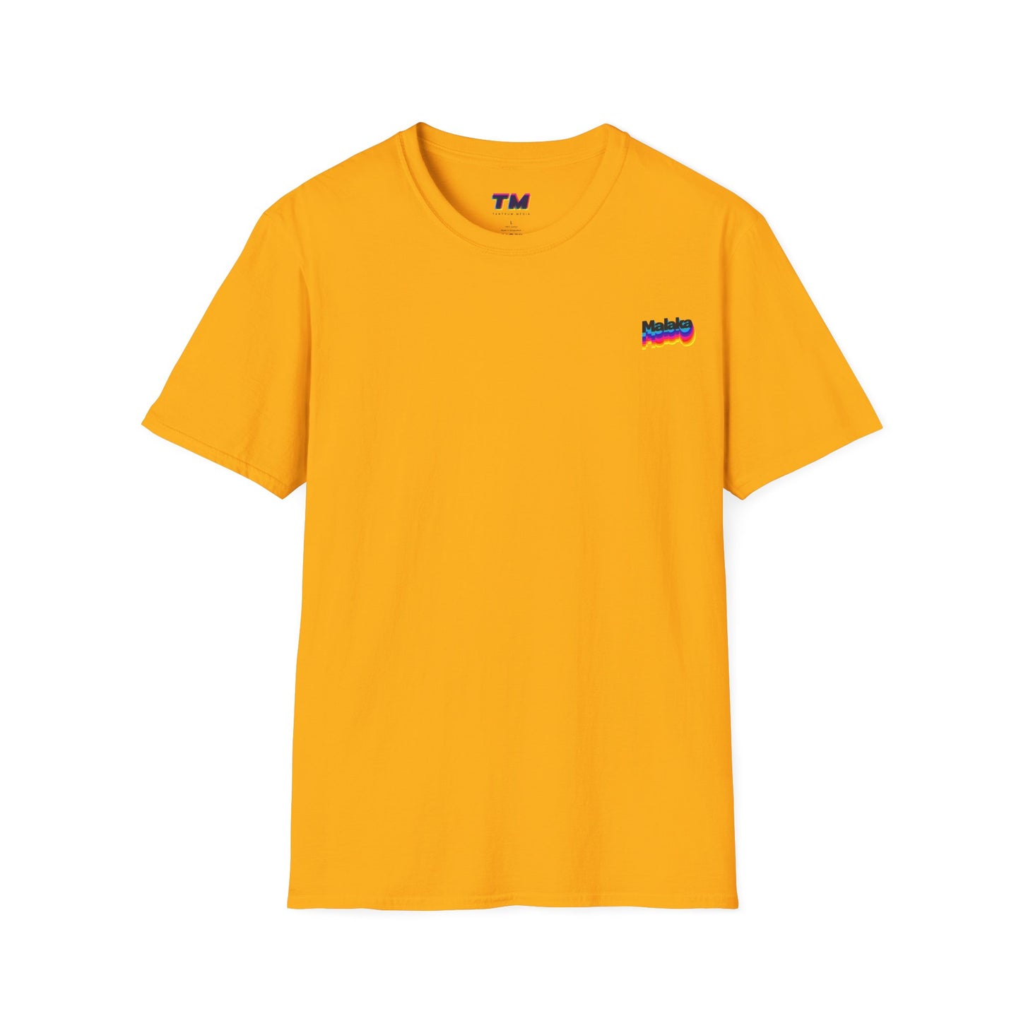 Yellow Malaka Greek slang unisex T-shirt with small colorful left chest graphic, front view