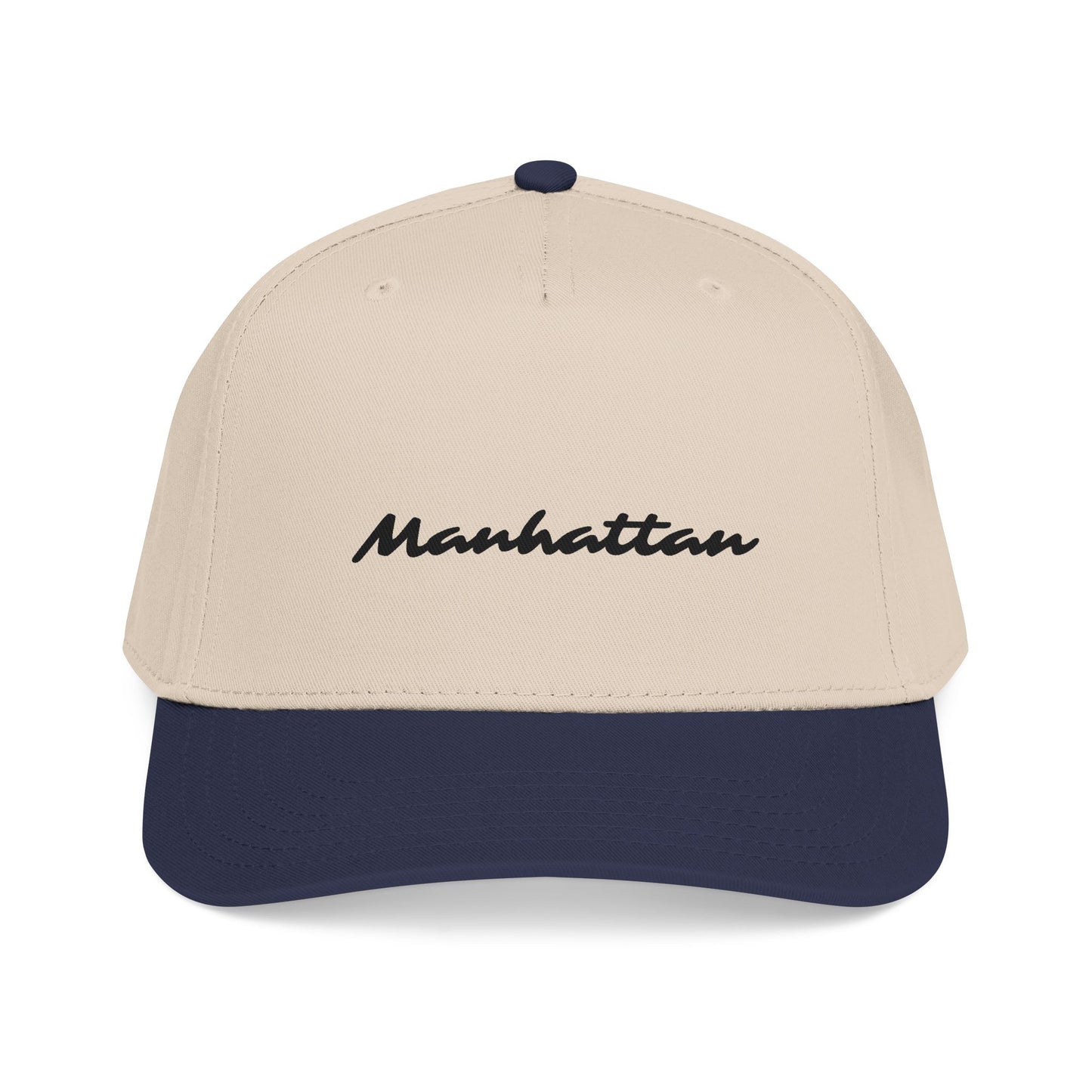 Front view of the Manhattan Baseball Cap – Two-Tone featuring navy visor and embroidered Manhattan script.