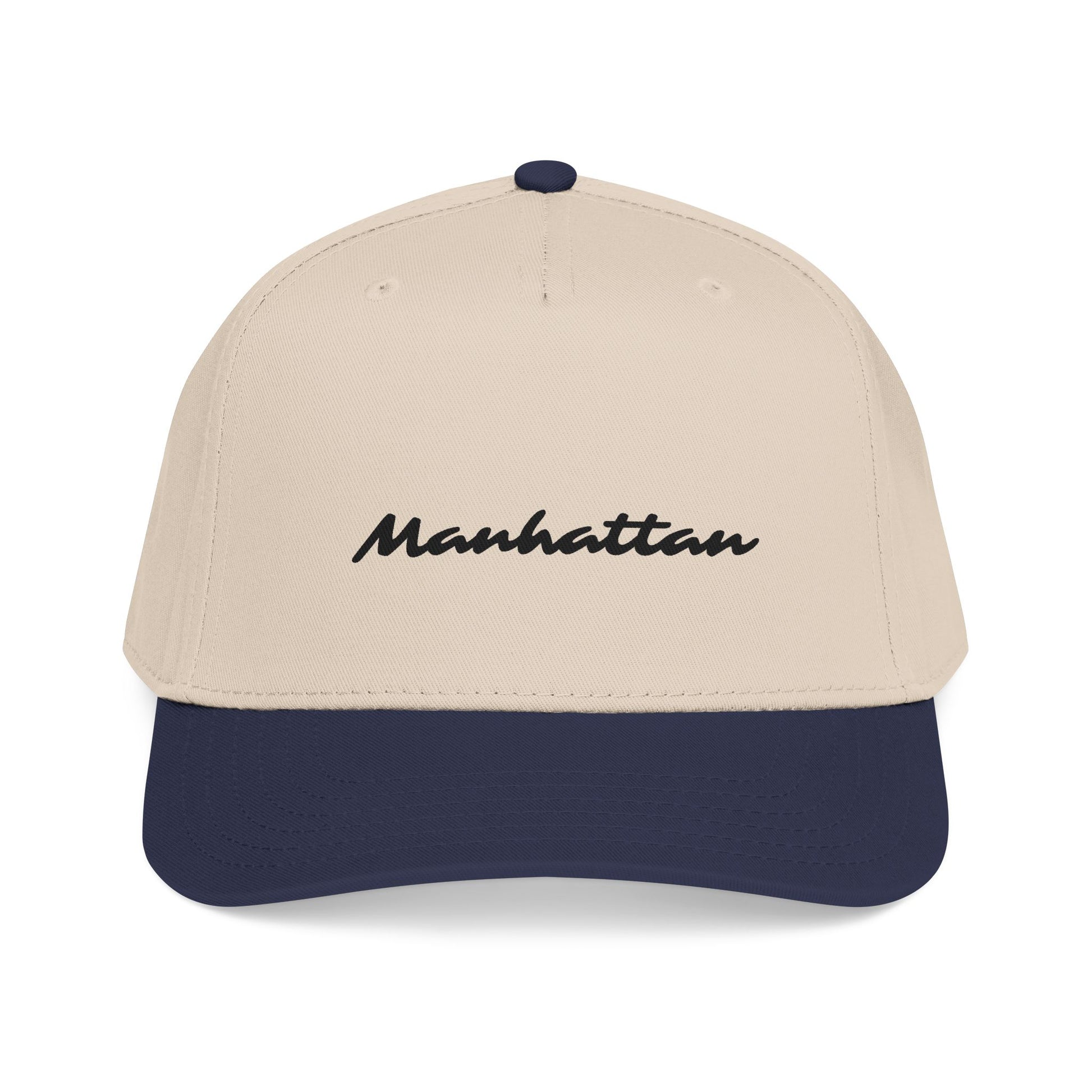 Front view of the Manhattan Baseball Cap – Two-Tone featuring navy visor and embroidered Manhattan script.