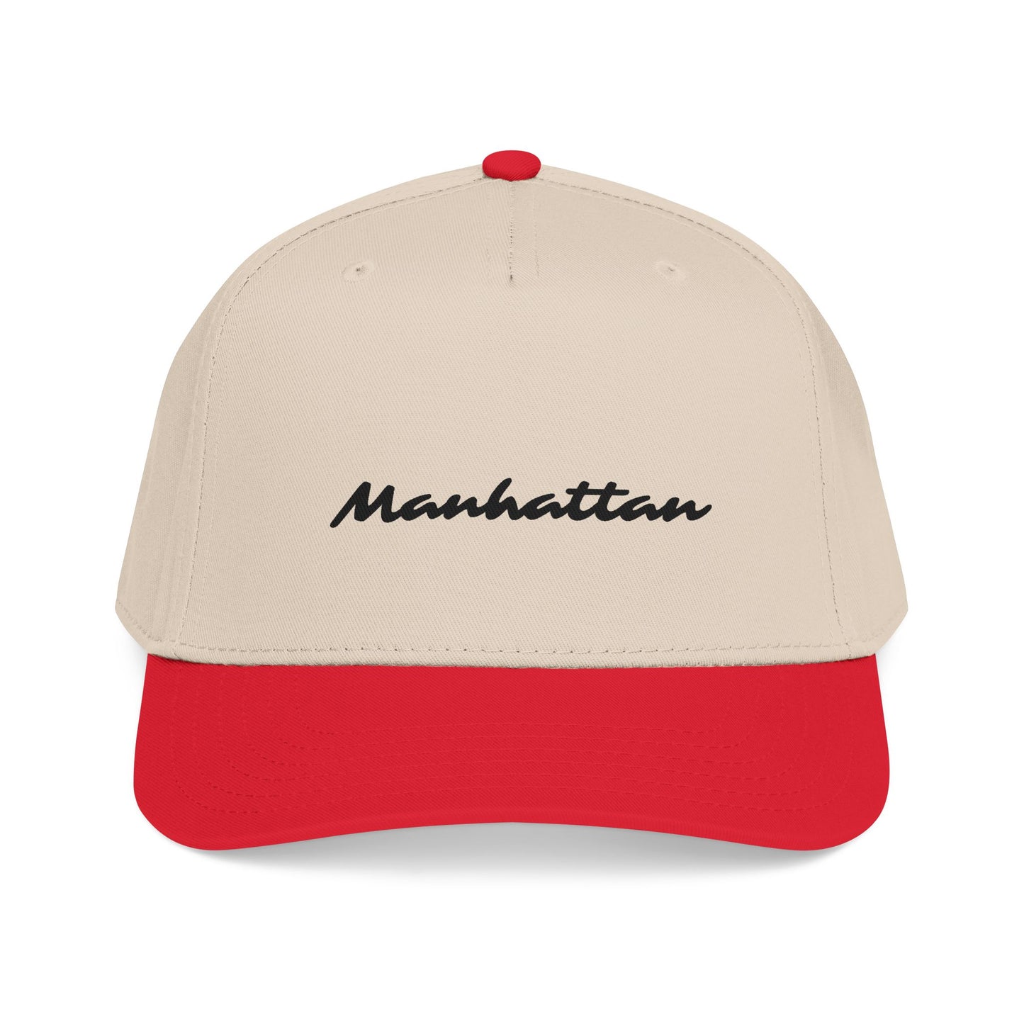 Front view of the Manhattan Baseball Cap – Two-Tone featuring embroidered Manhattan script and red visor.
