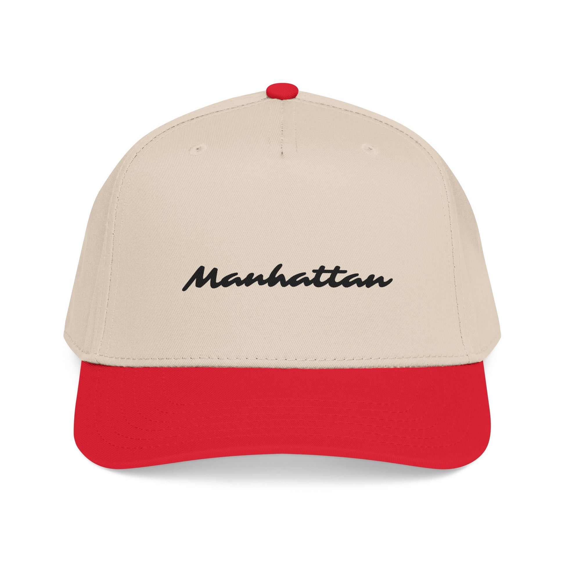 Front view of the Manhattan Baseball Cap – Two-Tone featuring embroidered Manhattan script and red visor.