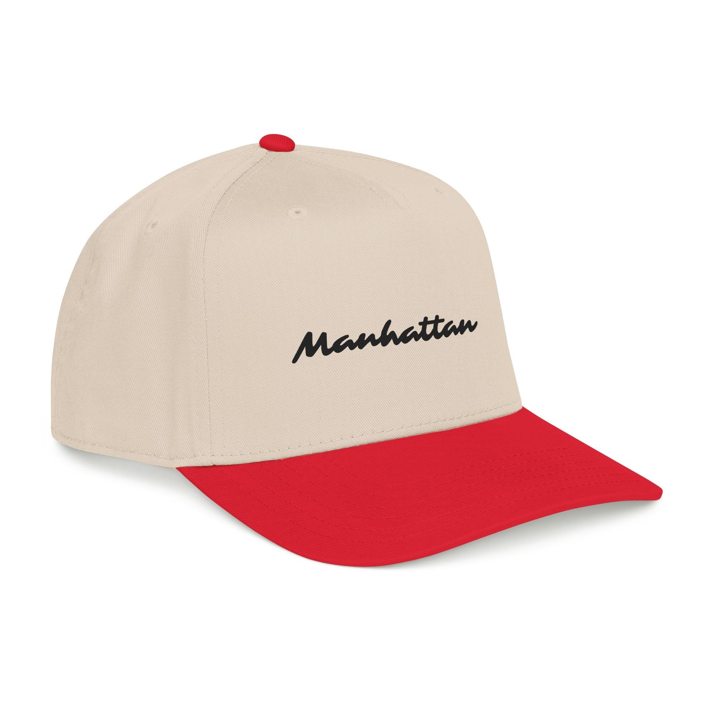 Side-angle view of the Manhattan Baseball Cap – Two-Tone with red visor and embroidered Manhattan logo.