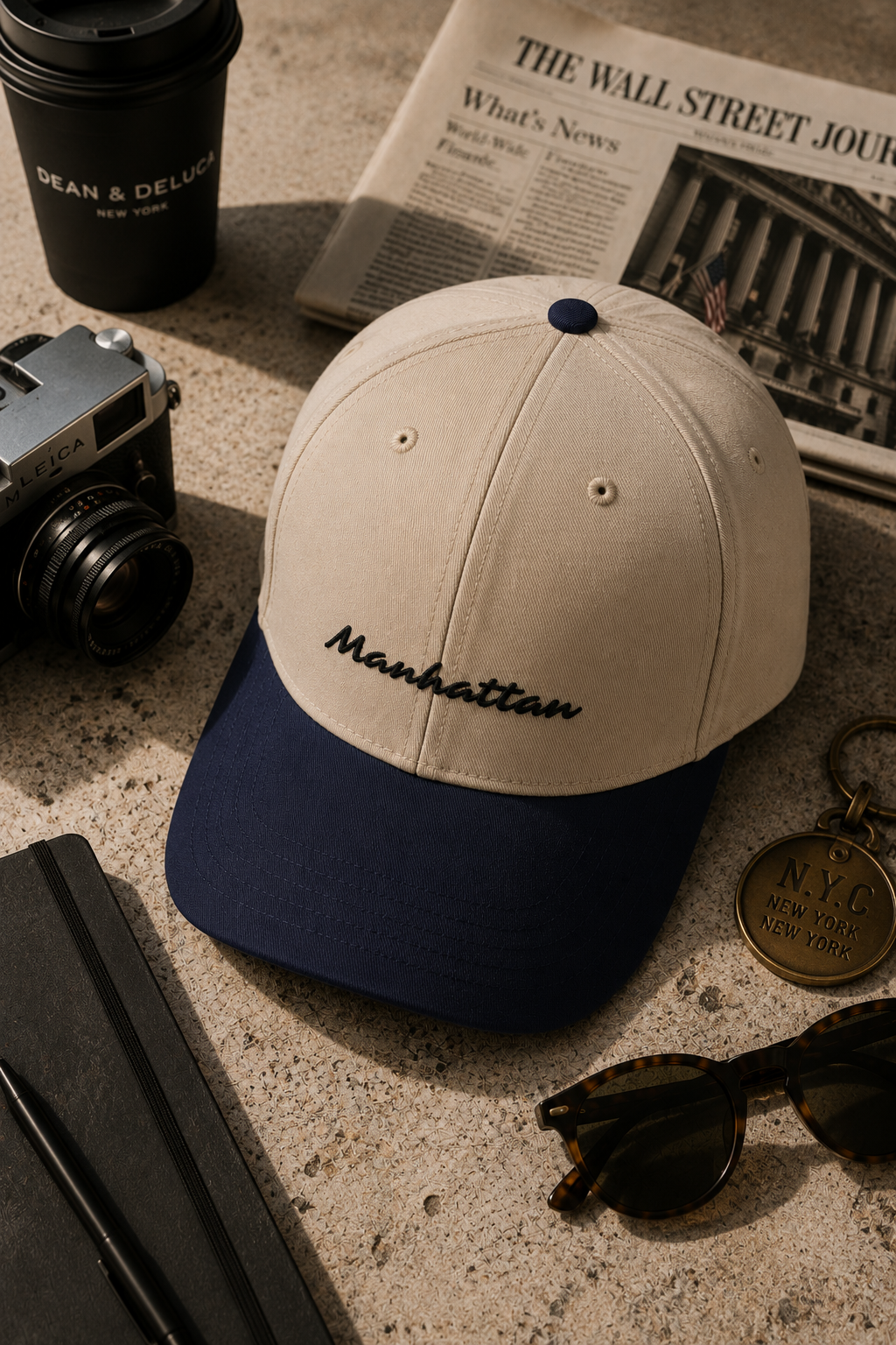 Manhattan Baseball Cap – Two-Tone in navy displayed in an editorial New York-inspired flat lay scene.