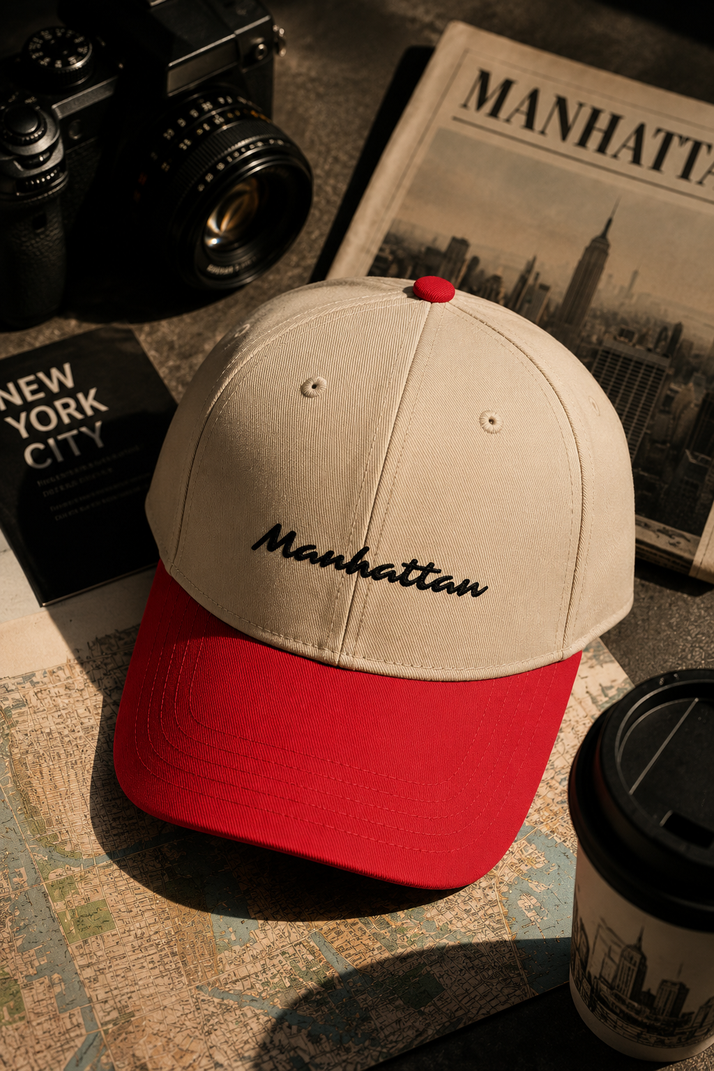 Manhattan Baseball Cap – Two-Tone displayed in a New York-inspired travel flat lay with camera, map, and city accessories.
