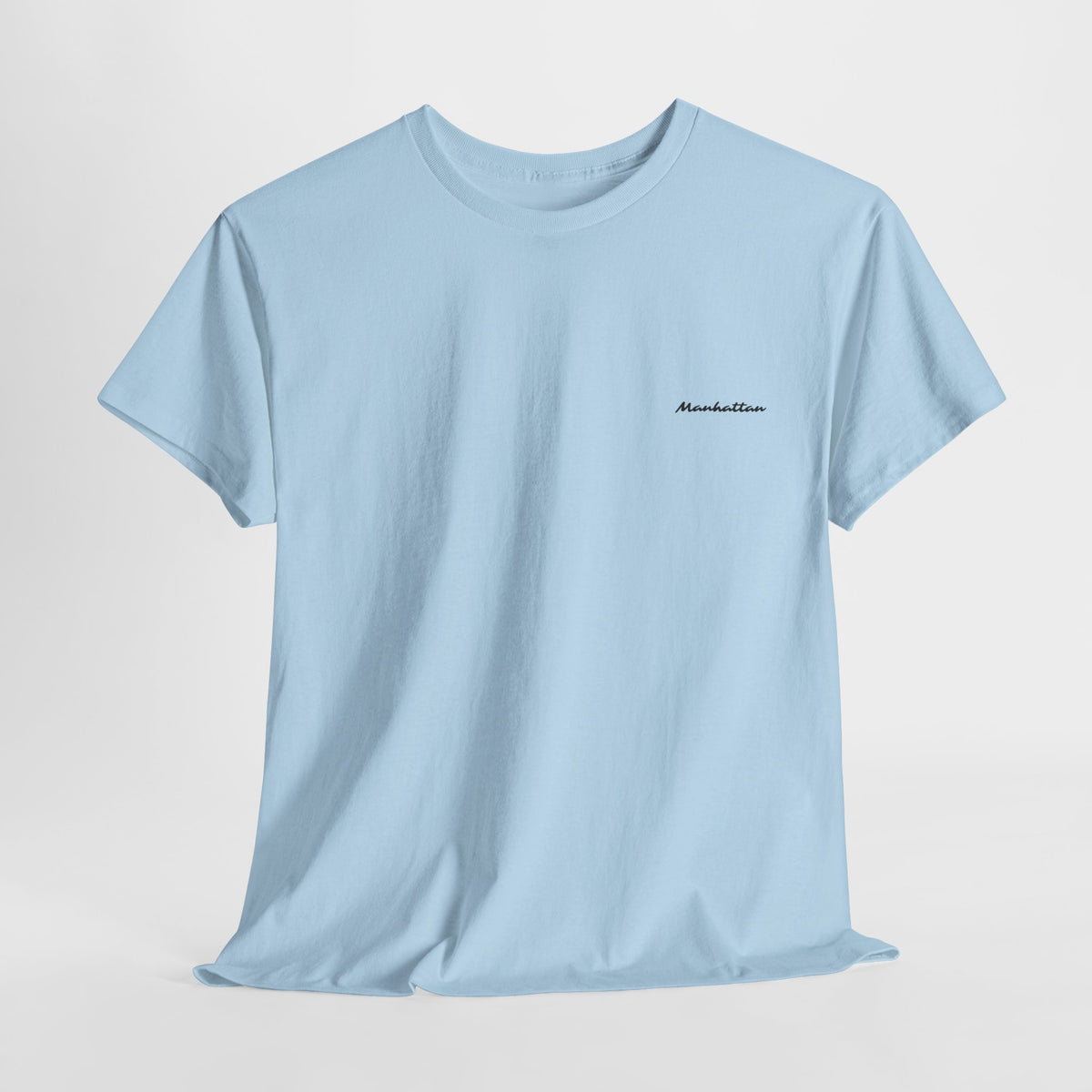 Front view of a light blue Manhattan T-shirt with a crew neckline and small black script chest print.