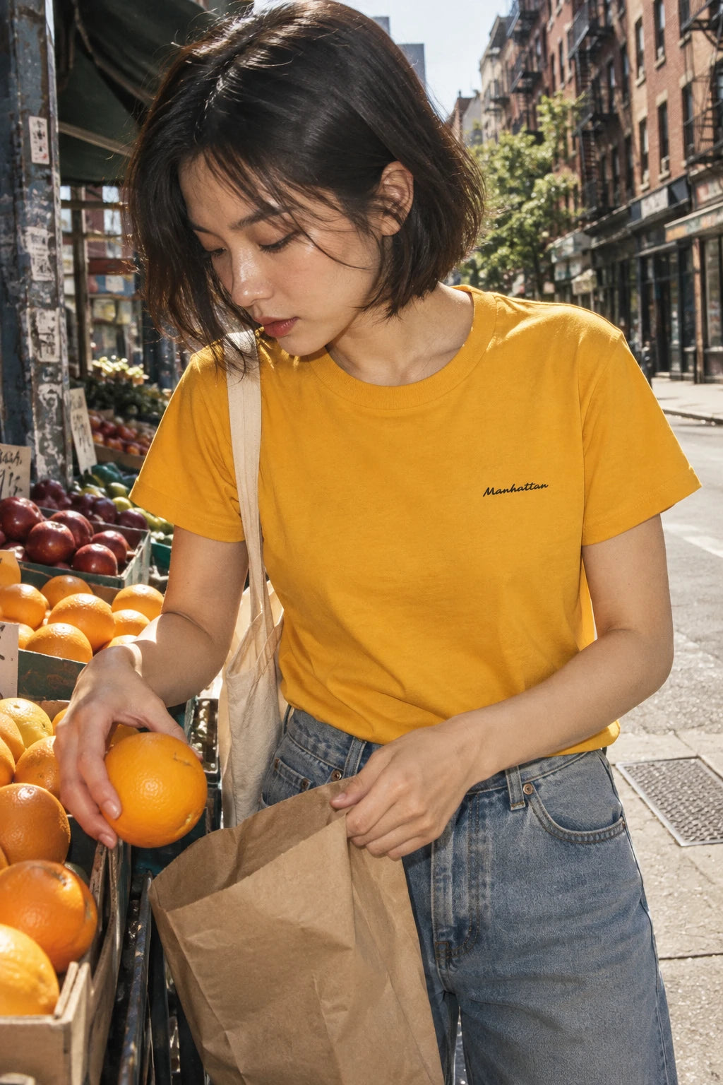 Woman wearing a yellow Manhattan T-shirt while selecting oranges at a neighborhood fruit stand.