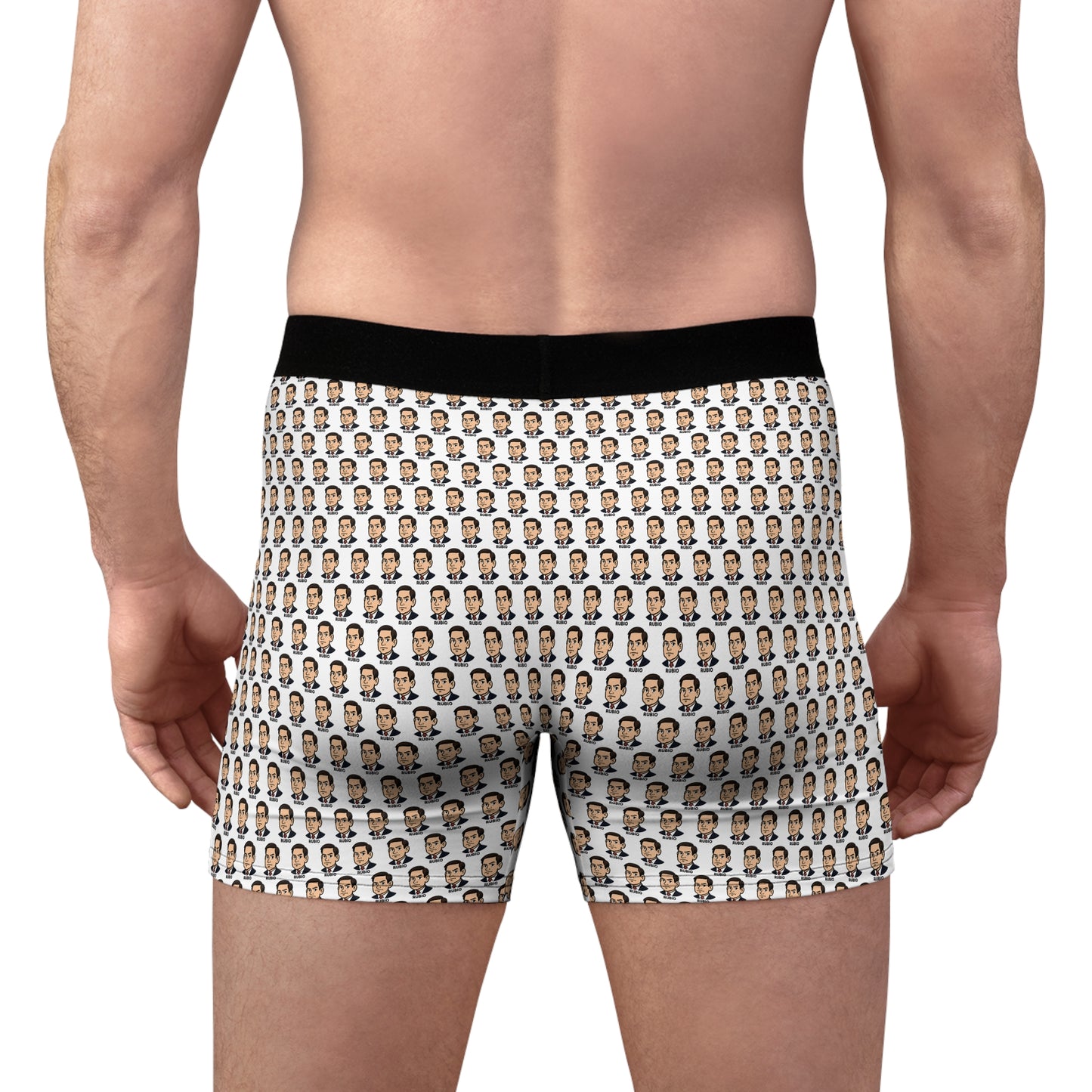 Male model wearing Marco Rubio boxer briefs back view showing full repeat pattern and fit
