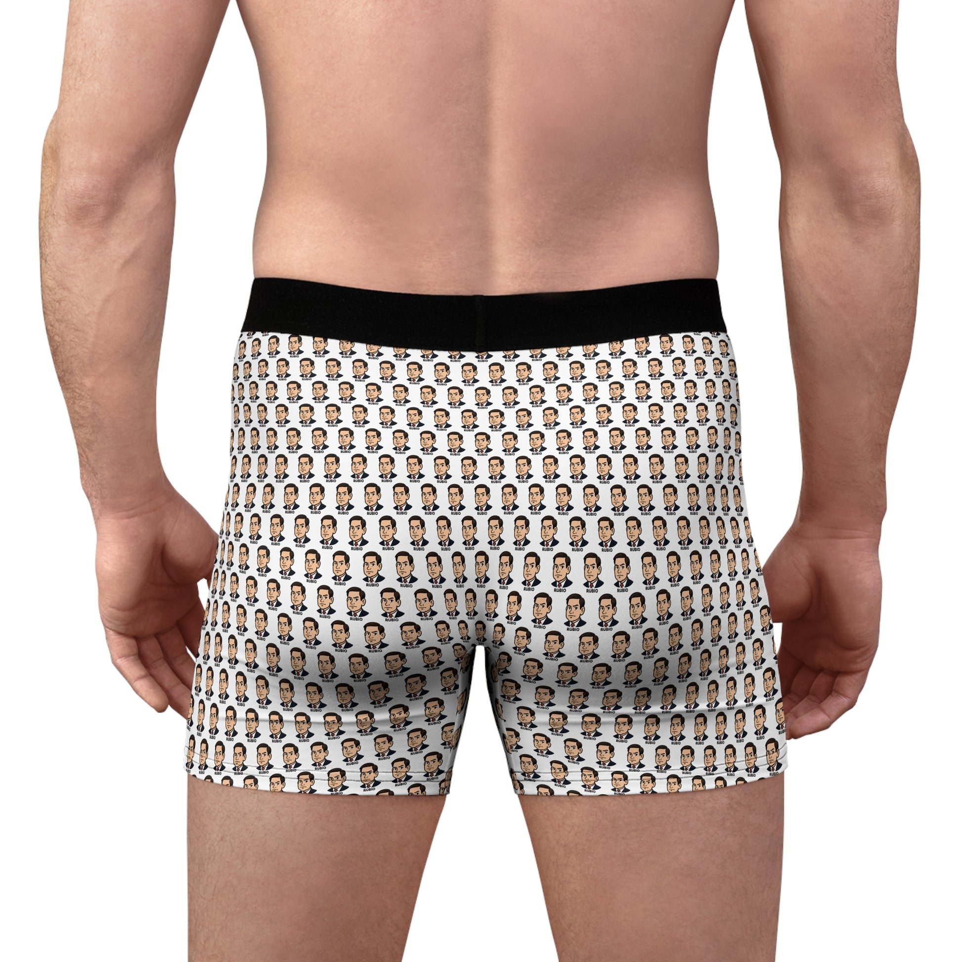 Male model wearing Marco Rubio boxer briefs back view showing full repeat pattern and fit