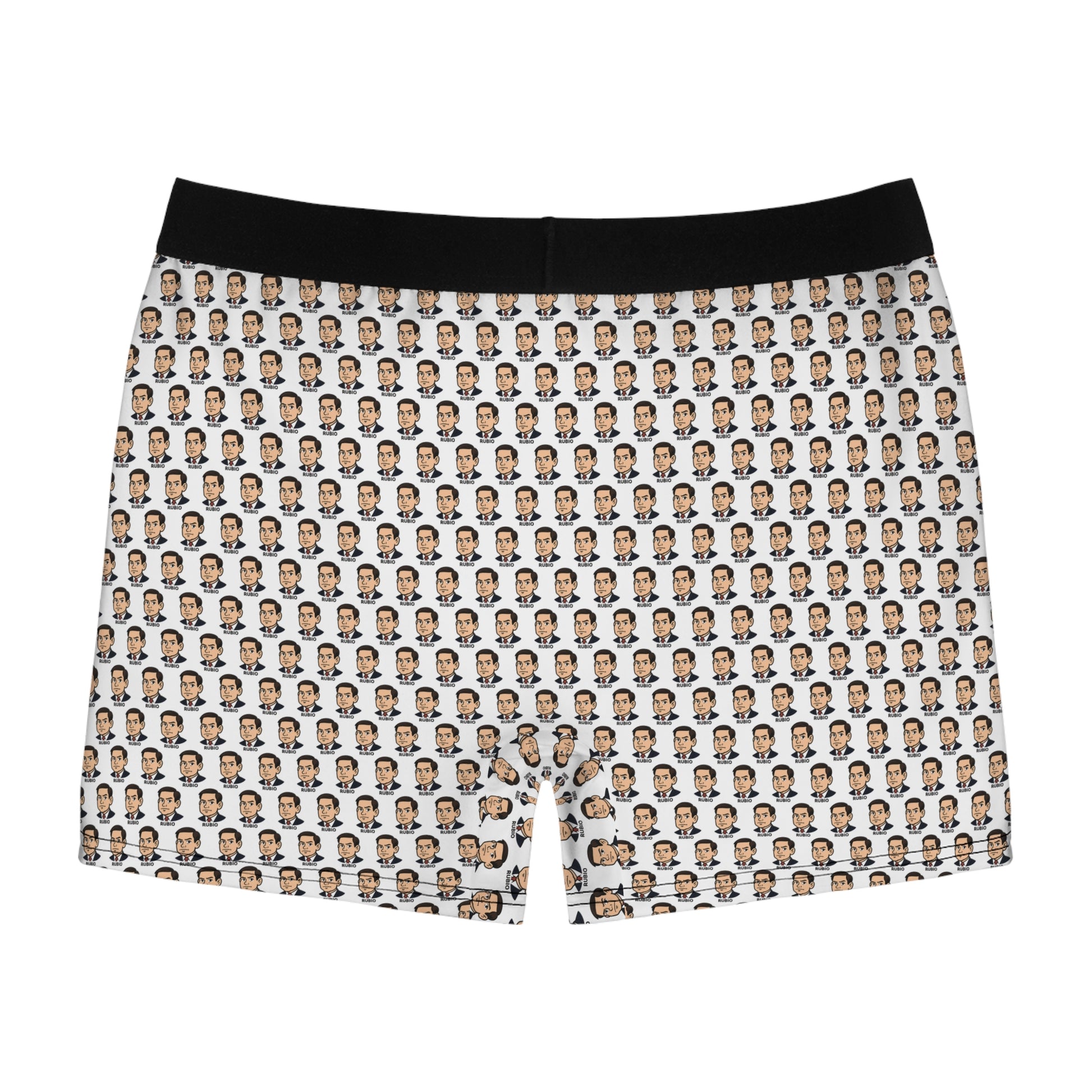 Marco Rubio graphic boxer briefs laid flat showing full pattern design and fabric texture
