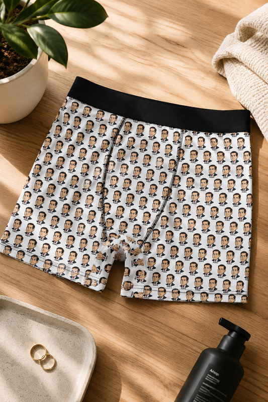 Editorial flat lay mockup of Marco Rubio patterned boxer briefs on a warm wooden background with luxury grooming accessories and soft natural sunlight.