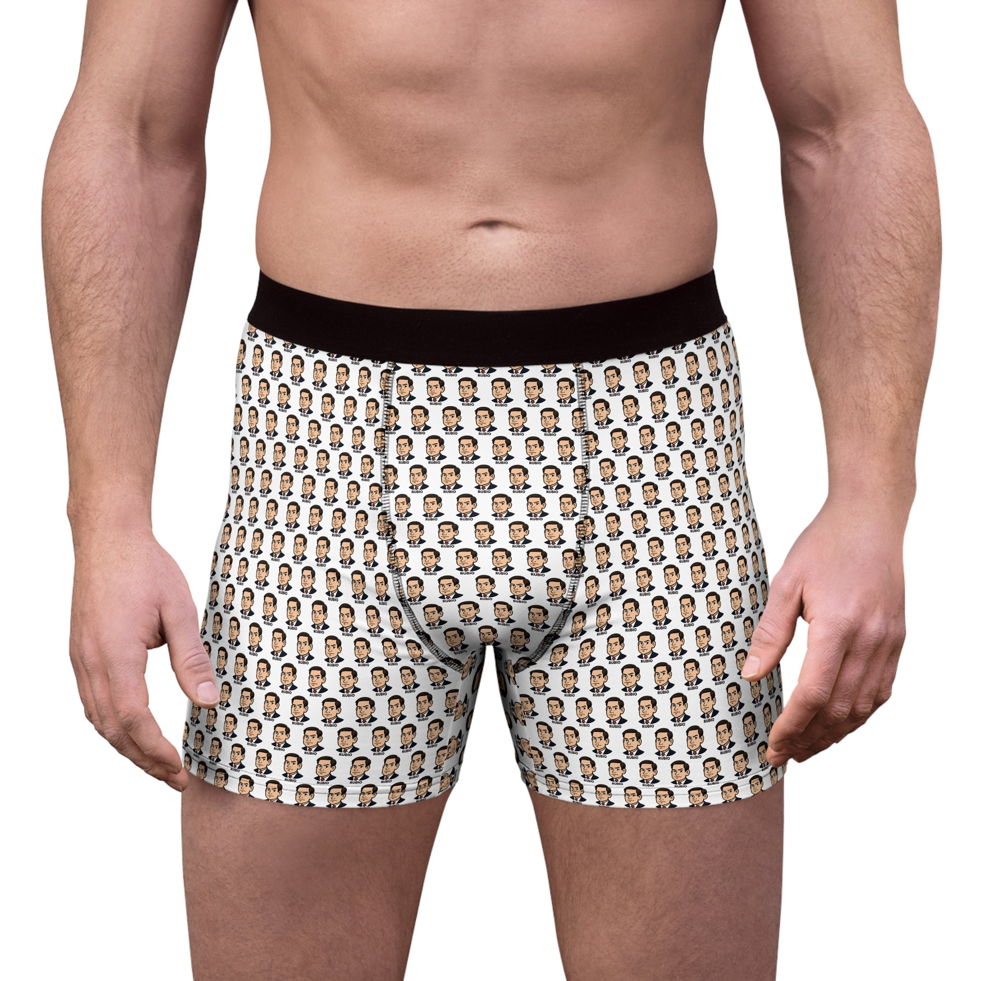 Male model wearing Marco Rubio boxer briefs front view showing fit and all-over face print