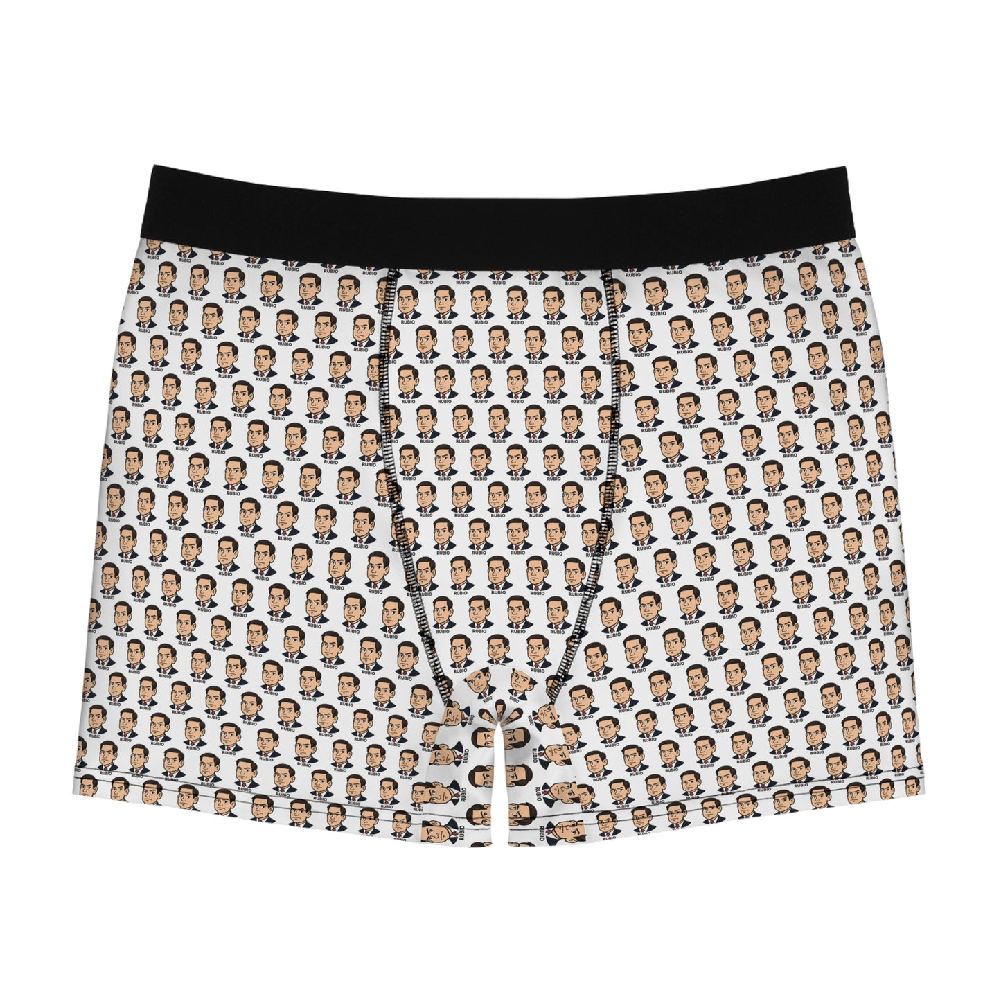 Marco Rubio boxer briefs front view with repeating face print and black waistband