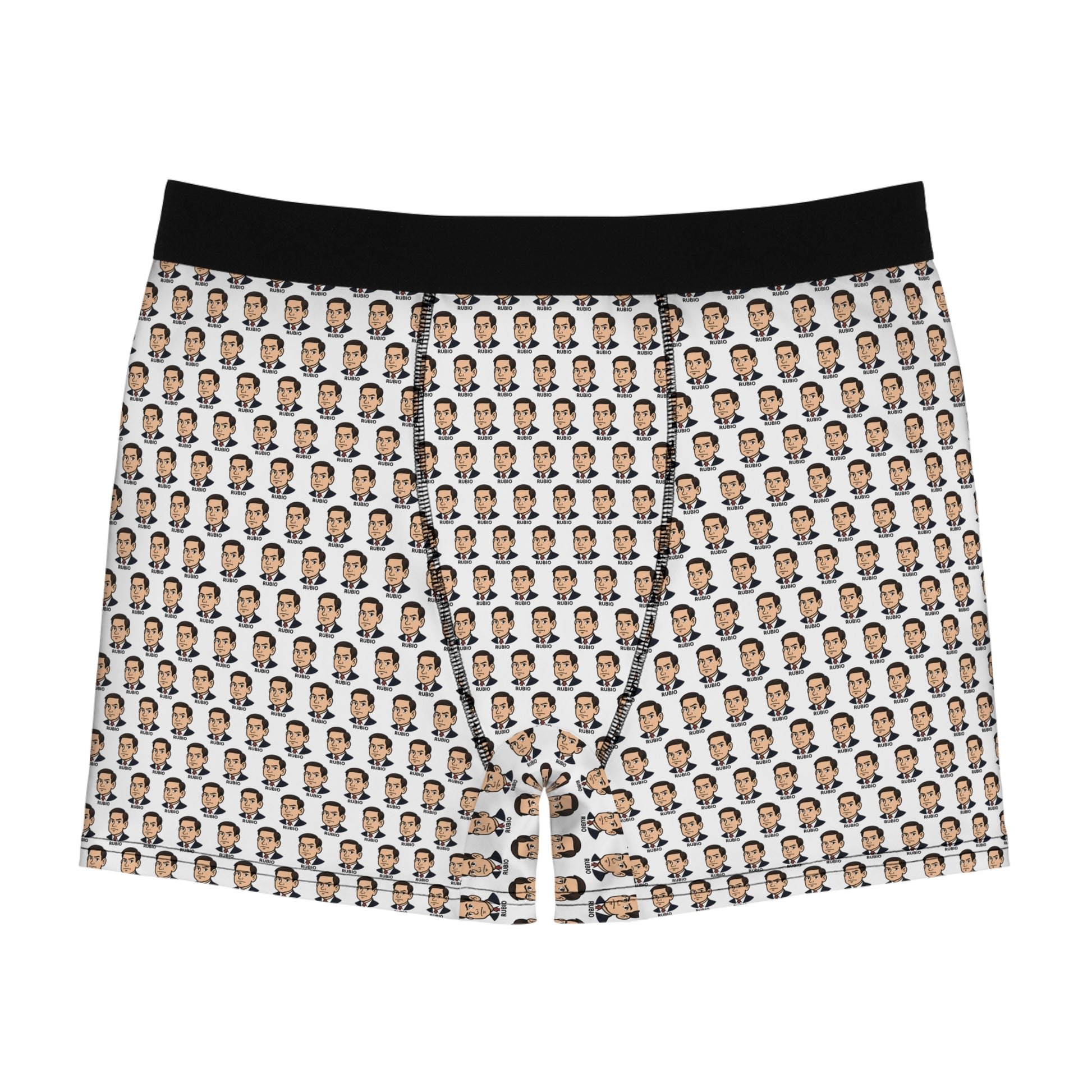 Marco Rubio boxer briefs front view with repeating face print and black waistband