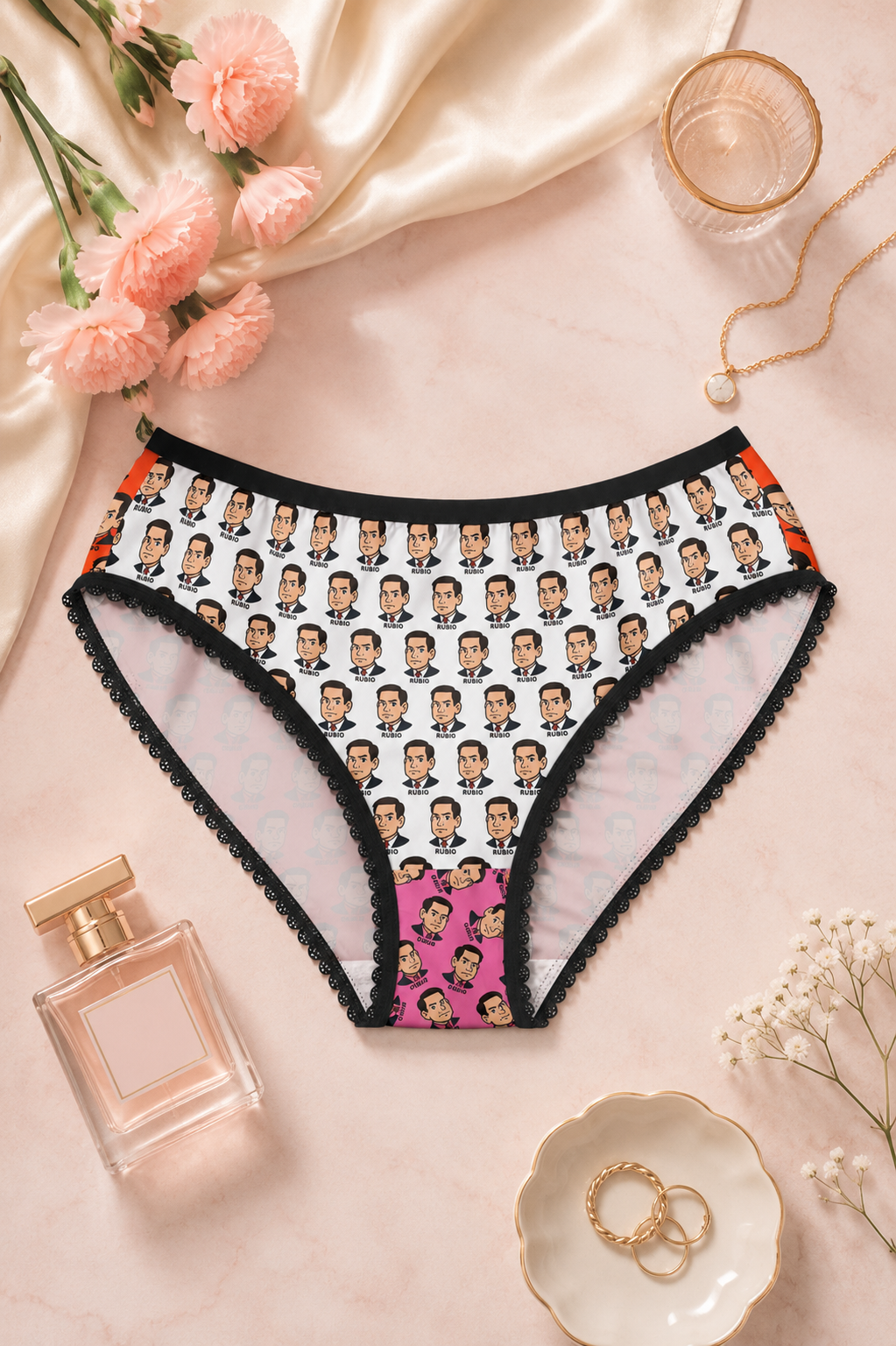 Marco Rubio political parody women’s panties in editorial flat lay with soft pastel styling and statement underwear aesthetic