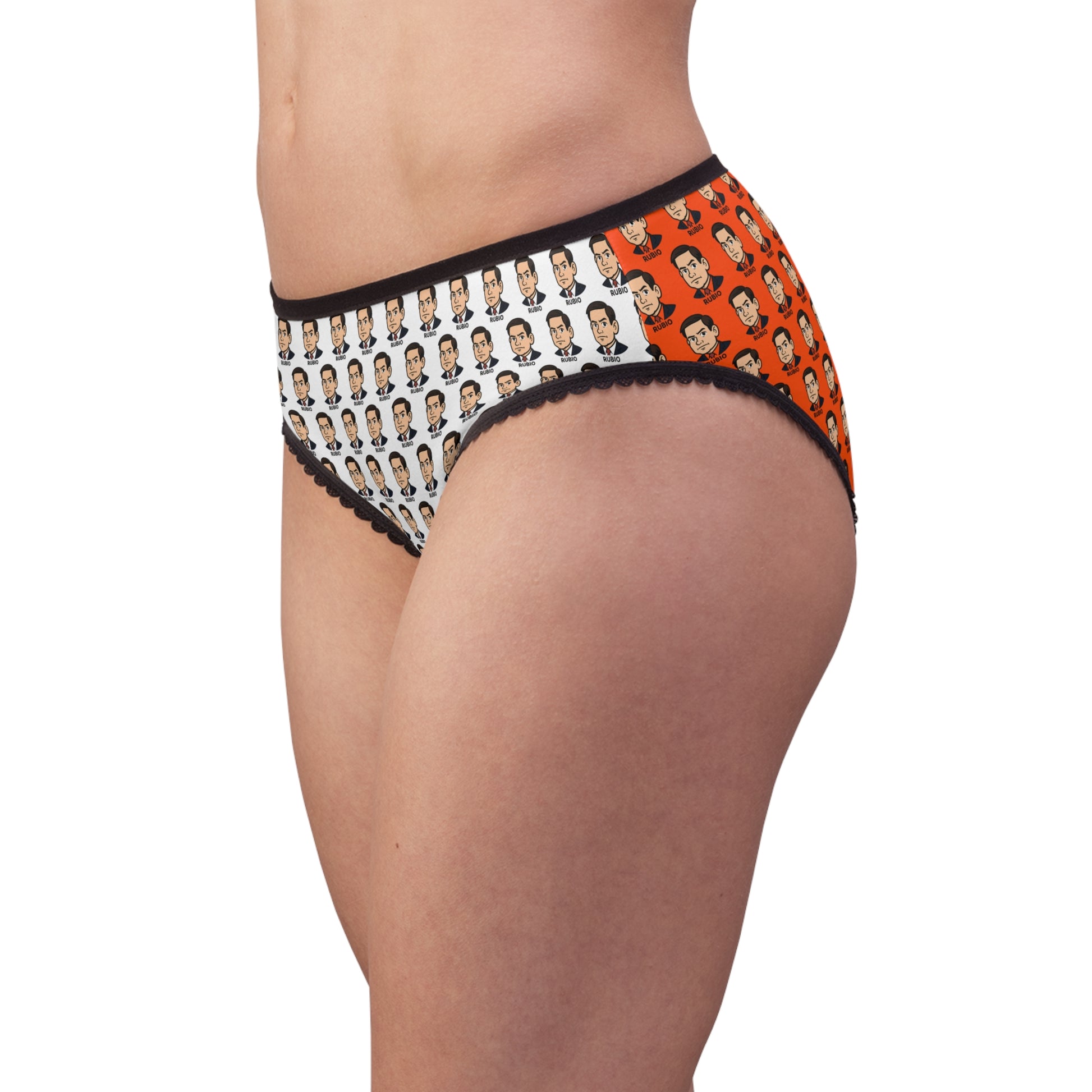 Side view of women’s Marco Rubio parody panties with graphic political print and soft stretch fabric