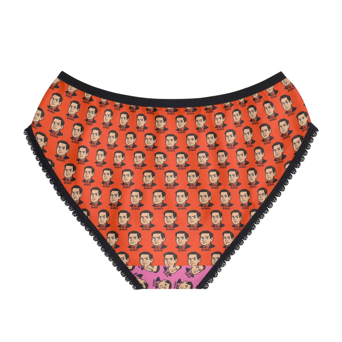 Back view of Marco Rubio political parody panties with orange graphic print and black trim