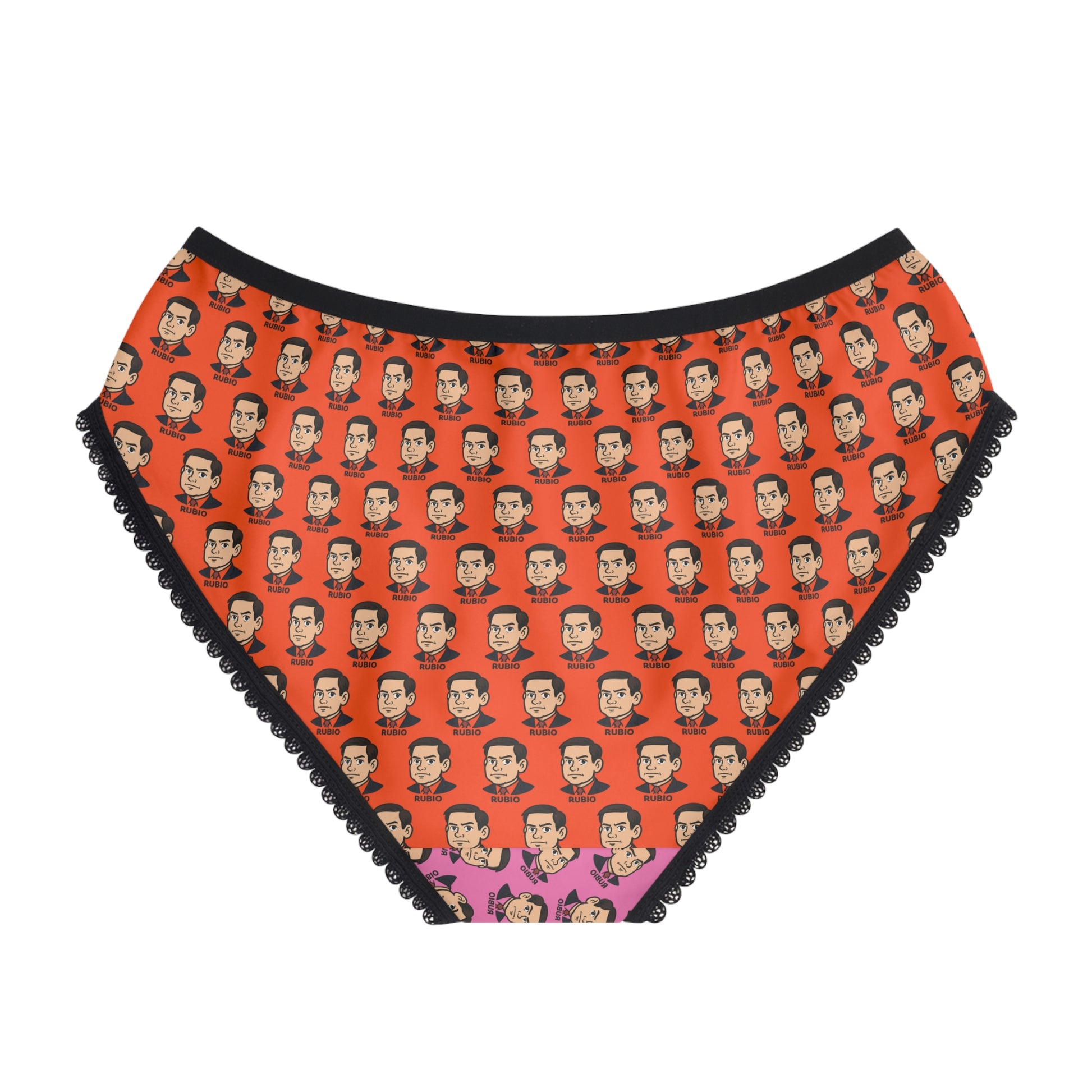 Back view of Marco Rubio political parody panties with orange graphic print and black trim