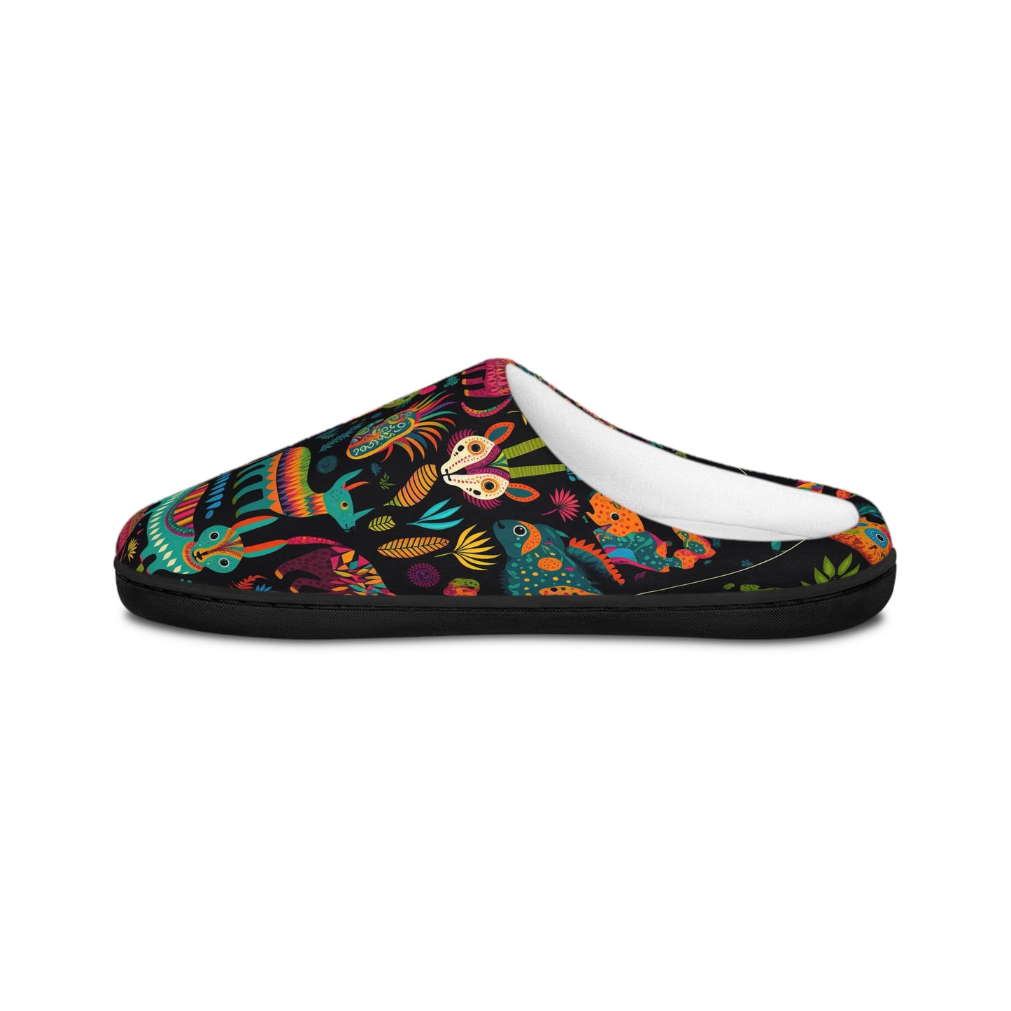 Right side view of Maya Icons artistic slippers featuring multicolor abstract tribal-inspired print.