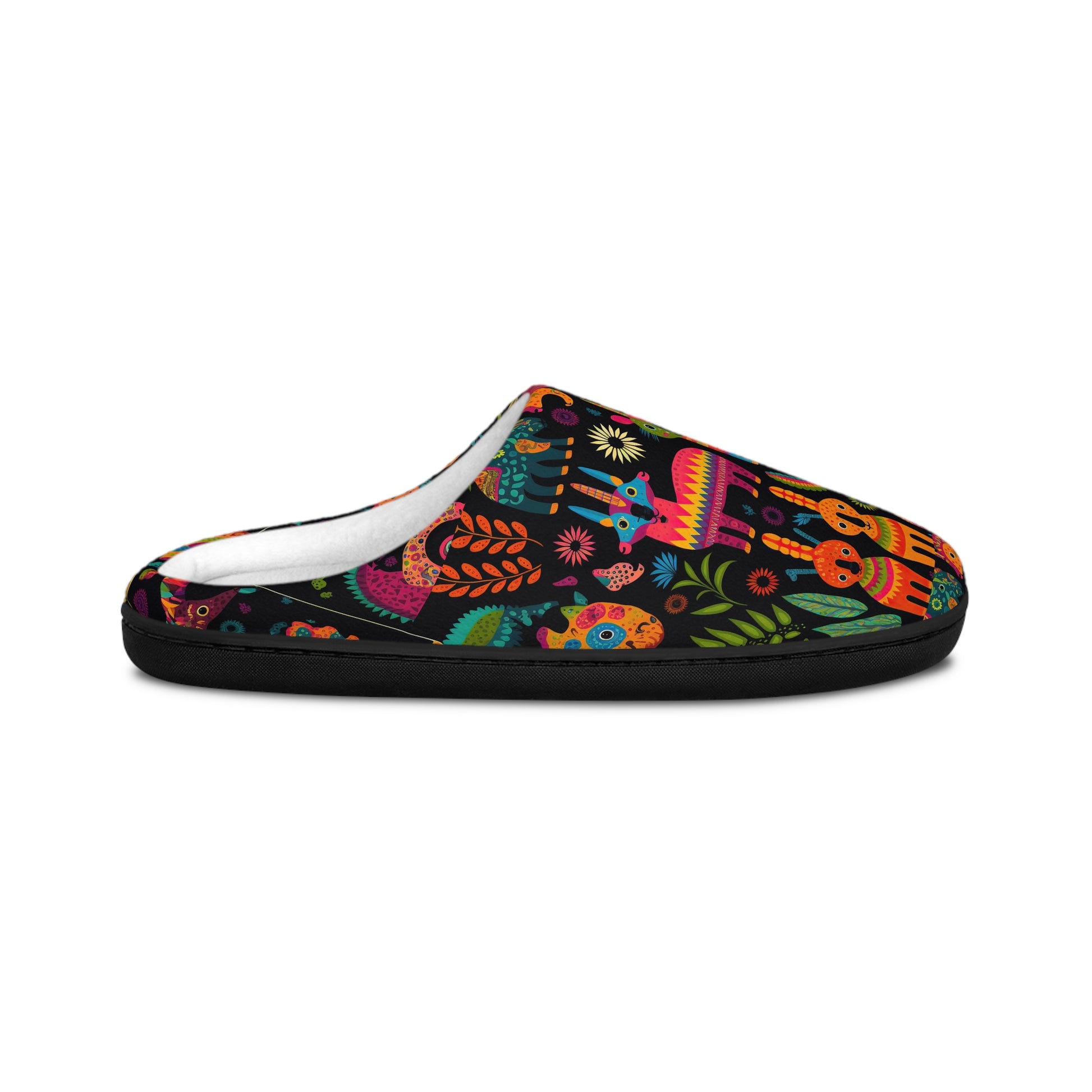 Side profile of colorful Maya Icons boho slippers with soft indoor sole and vibrant geometric artwork.