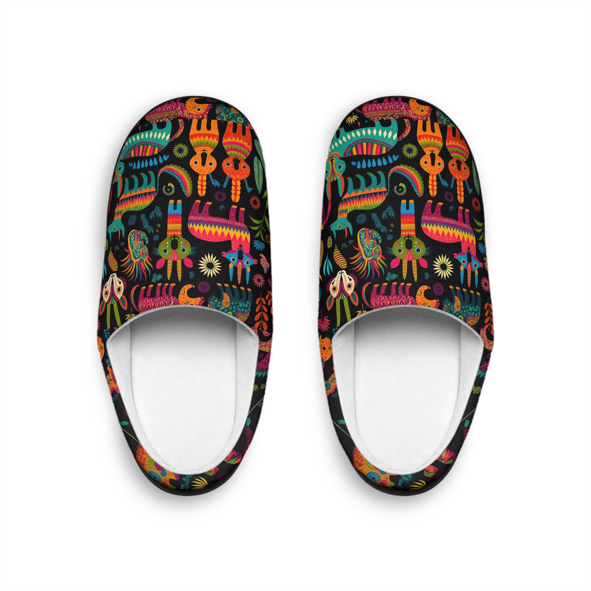 Top view of colorful Maya Icons slippers featuring vibrant tribal-inspired artistic pattern design.