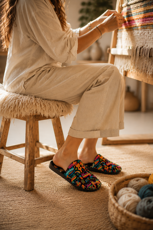 Woman wearing colorful Maya Icons slippers while weaving fabric in a warm bohemian attic studio.