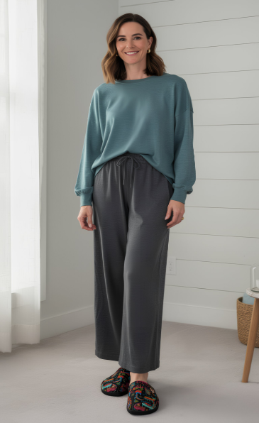 Woman wearing colorful Maya Icons slippers in minimalist indoor lifestyle setting with relaxed loungewear.