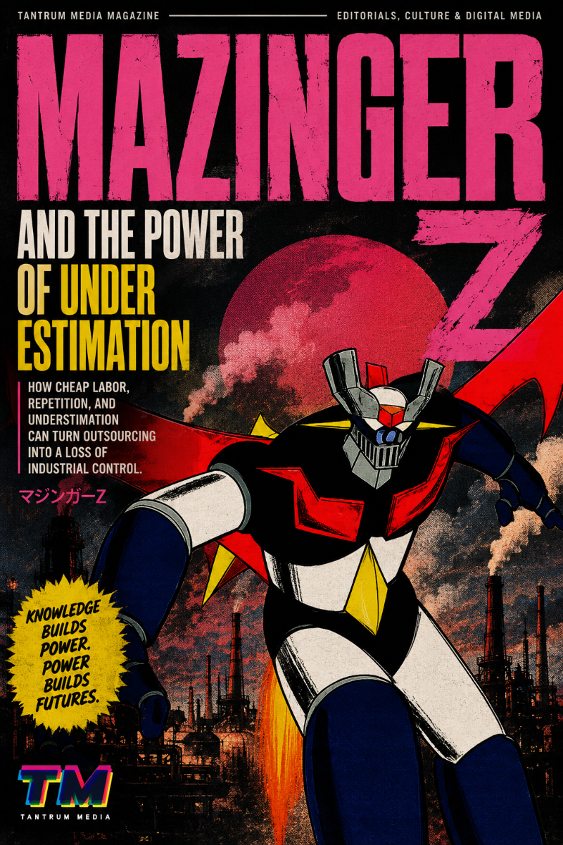 Mazinger Z and the Power of Underestimation editorial cover featuring Mazinger Z against an industrial Japanese anime-inspired backdrop