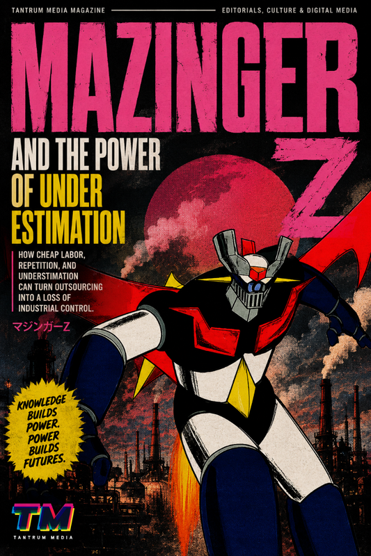 Mazinger Z and the Power of Underestimation editorial cover featuring Mazinger Z against an industrial Japanese anime-inspired backdrop