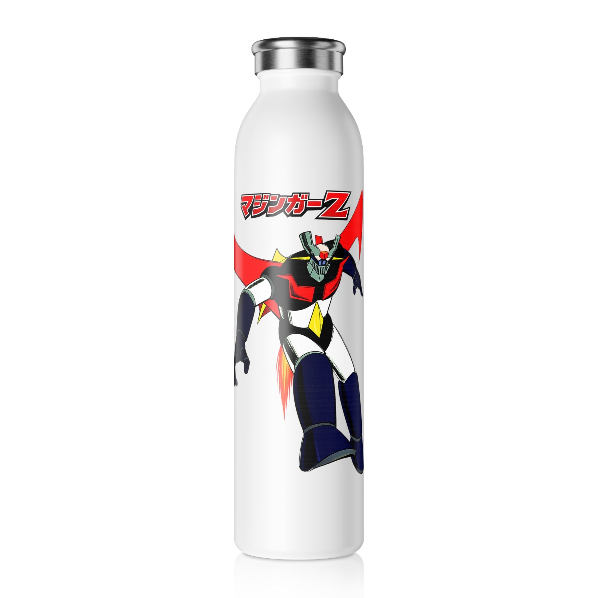 Front view of a white Mazinger Z stainless steel water bottle with Japanese anime robot artwork.