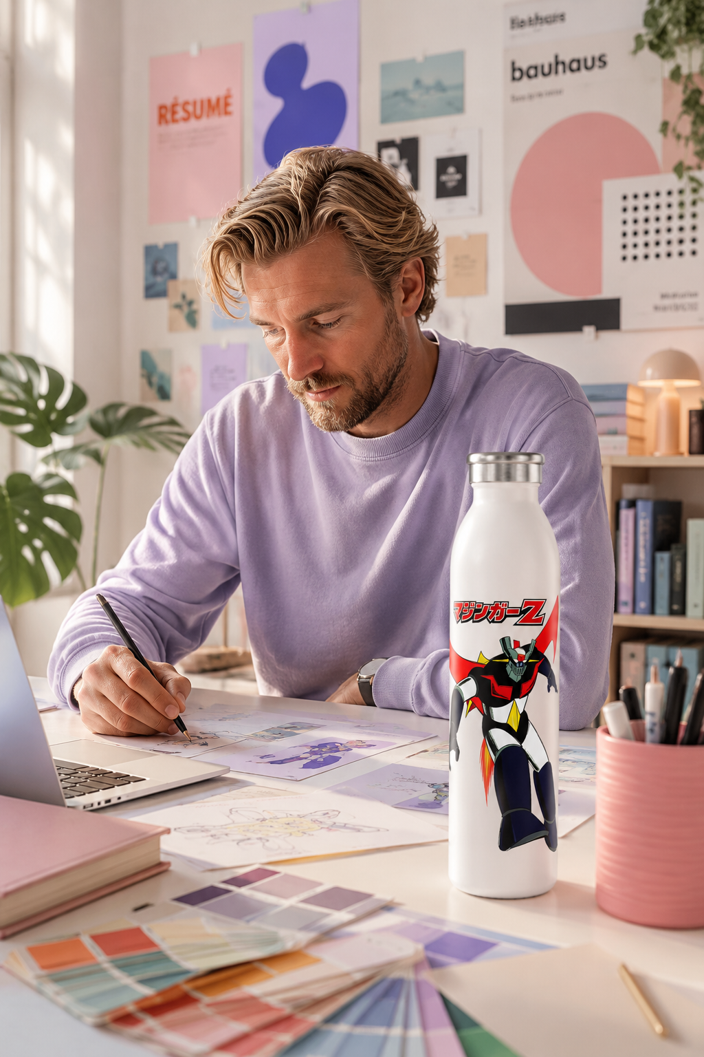 Mazinger Z water bottle on a graphic designer’s desk inside a bright pastel-colored creative studio.